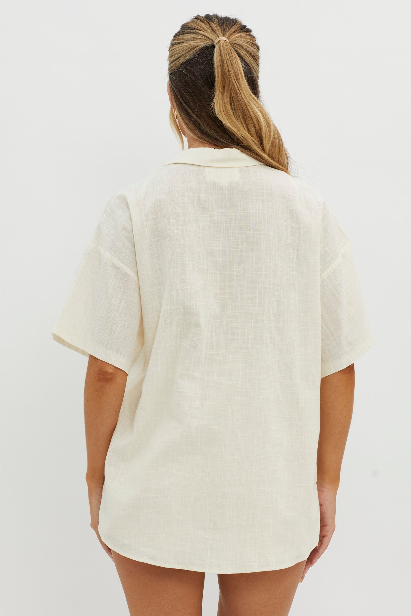 Ciao Ciao Embroidered Button-Up Shirt Beige-Maymioy