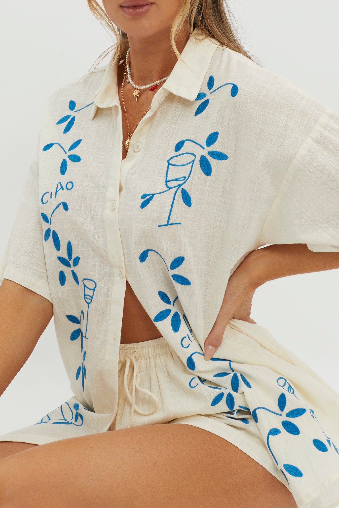 Ciao Ciao Embroidered Button-Up Shirt Beige-Maymioy