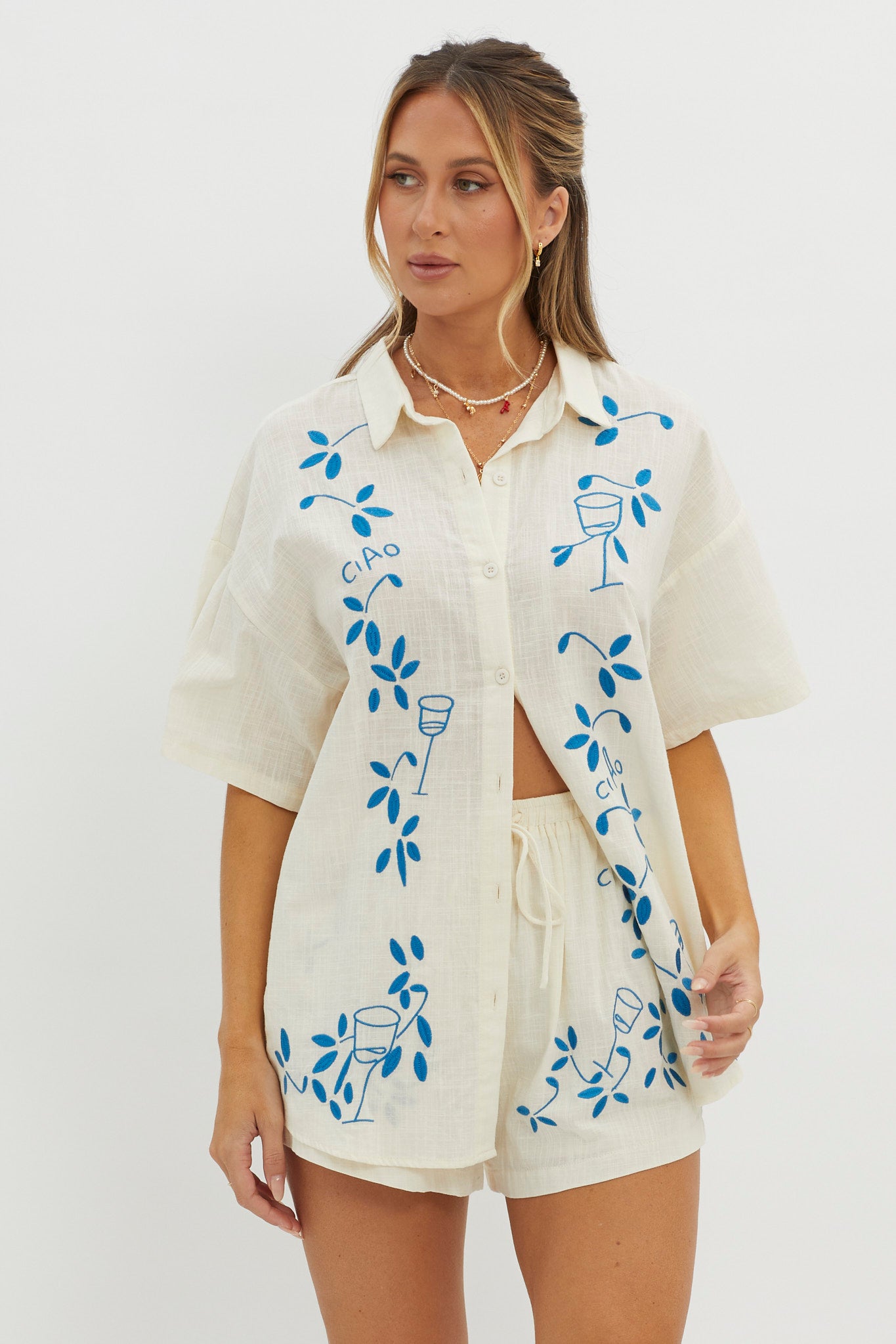 Ciao Ciao Embroidered Button-Up Shirt Beige-Maymioy
