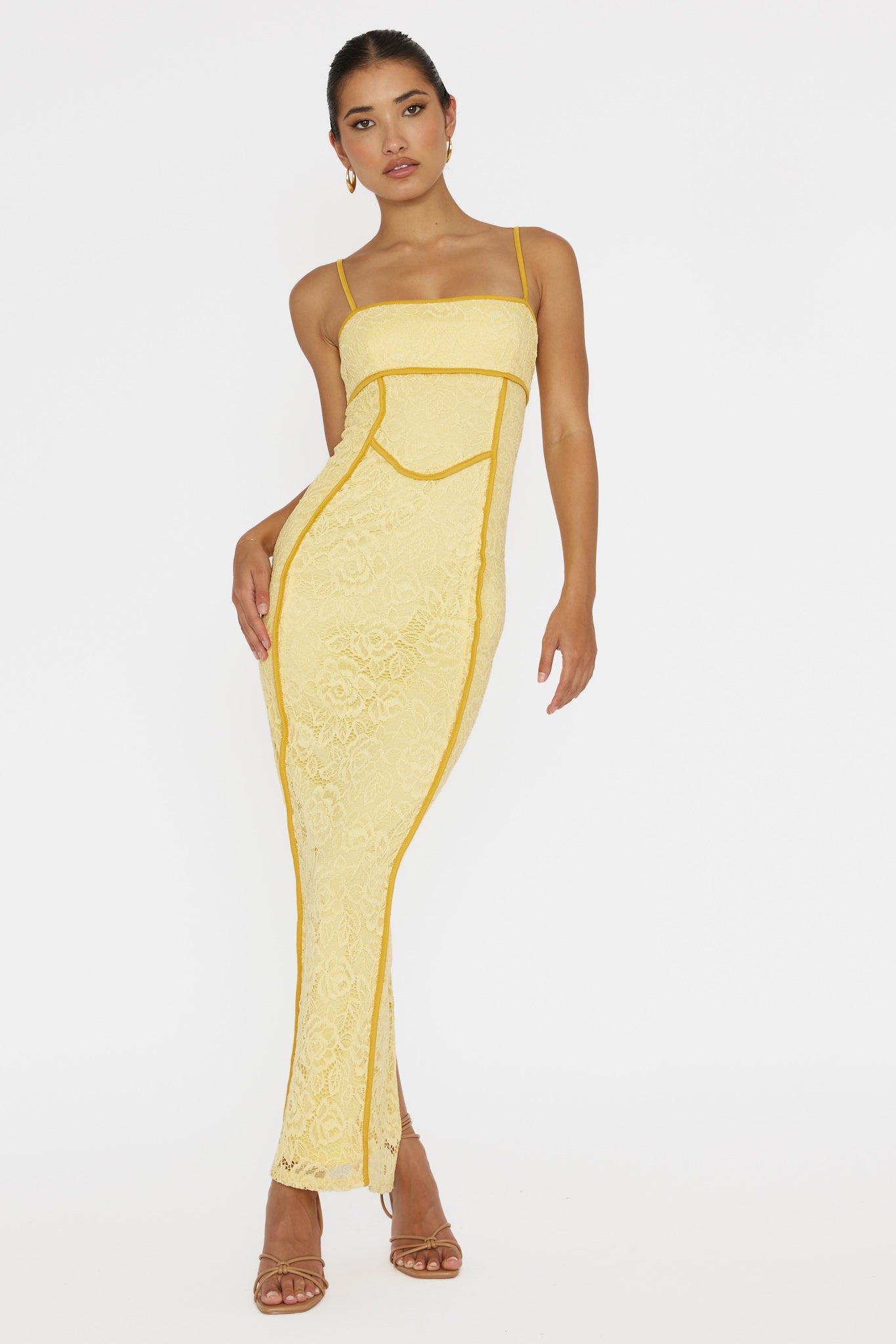 Inga Lace Piping Trim Midi Dress Yellow-Maymioy