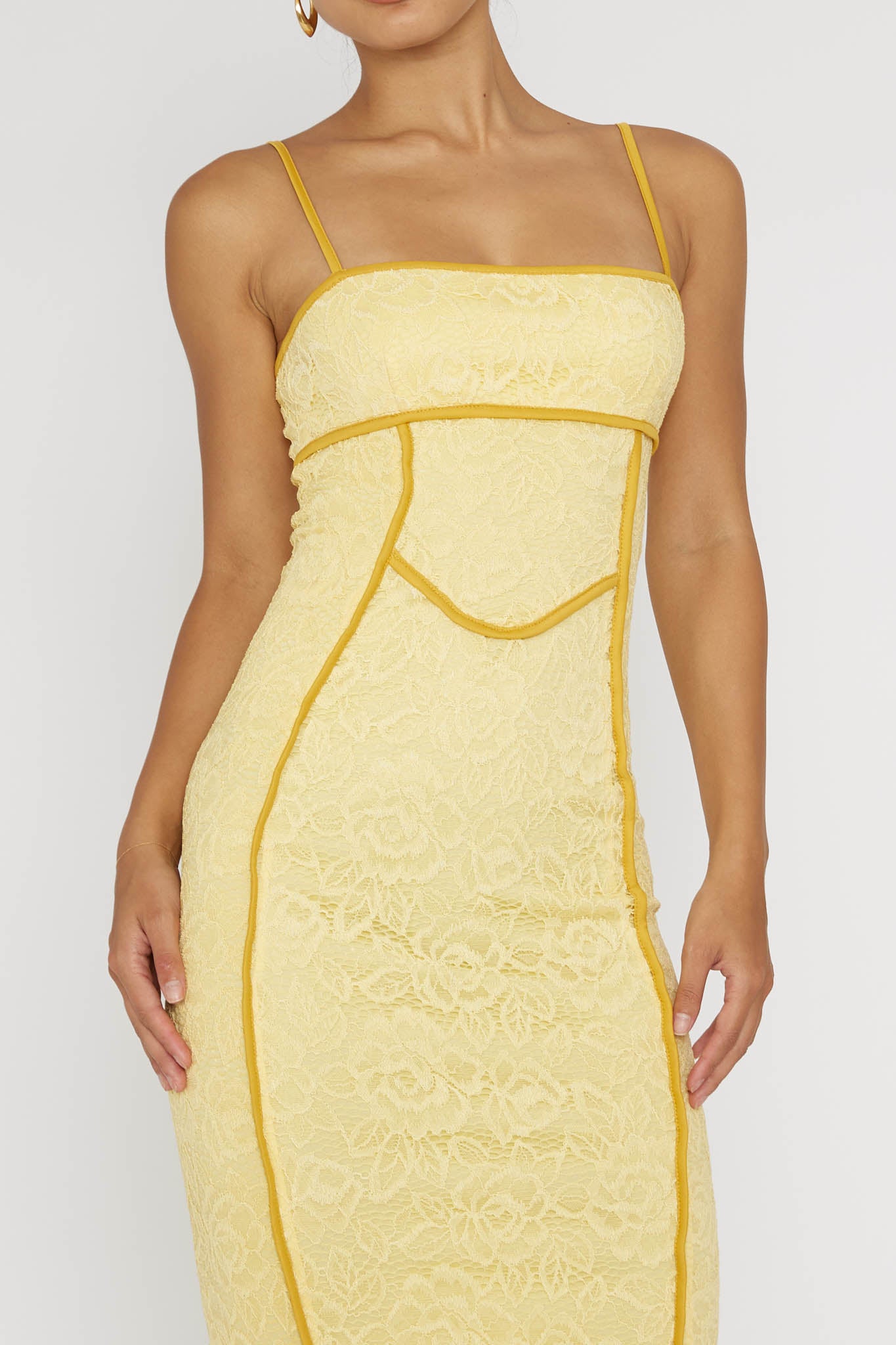 Inga Lace Piping Trim Midi Dress Yellow-Maymioy