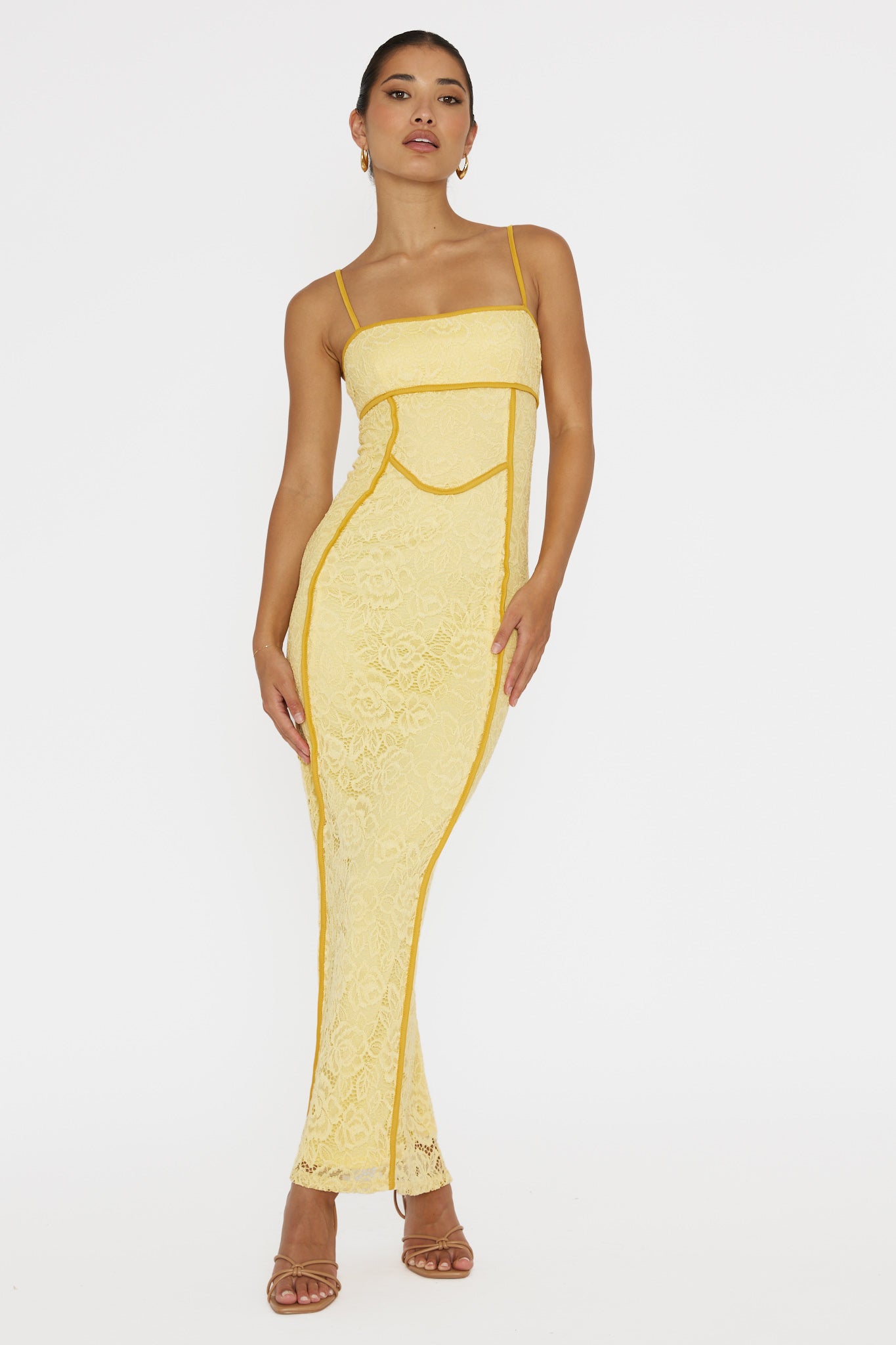Inga Lace Piping Trim Midi Dress Yellow-Maymioy