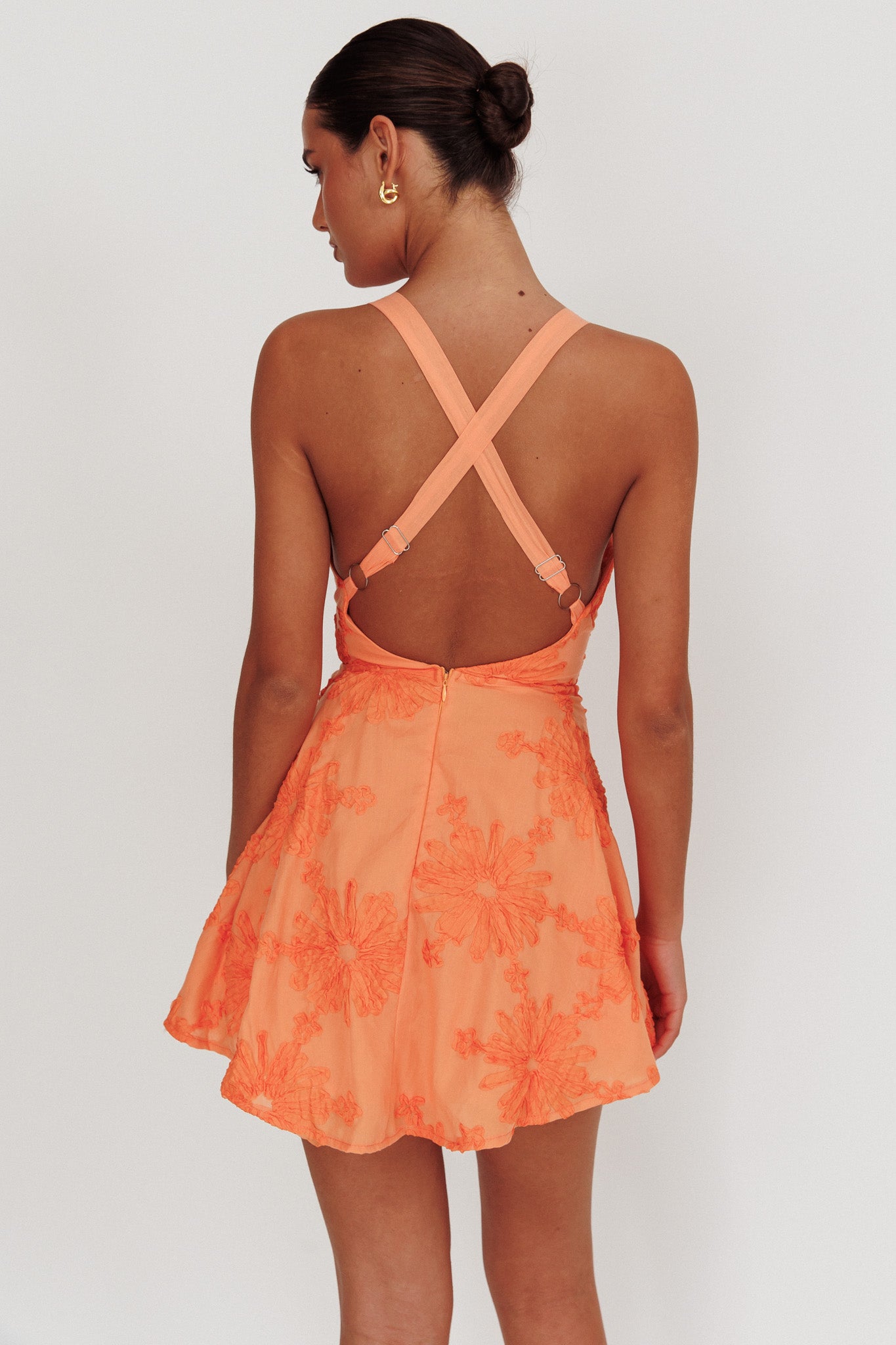 Lavalle Criss-Cross Floral Embellished Mini Dress Orange-Maymioy
