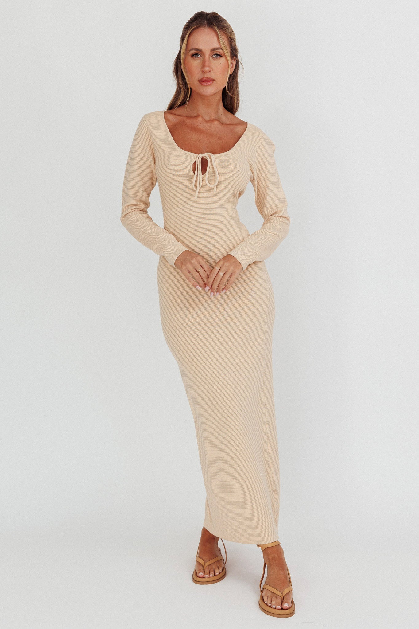 Merine Long Sleeve Knit Maxi Dress Sand-Maymioy