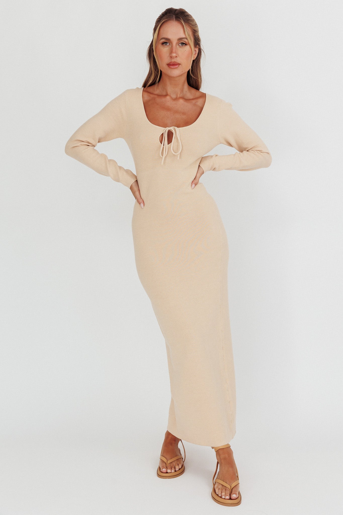 Merine Long Sleeve Knit Maxi Dress Sand-Maymioy