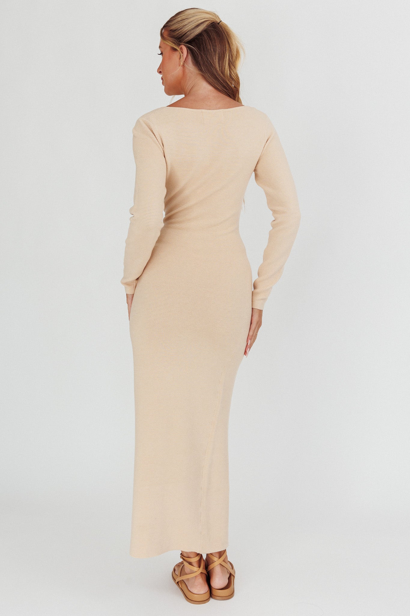 Merine Long Sleeve Knit Maxi Dress Sand-Maymioy