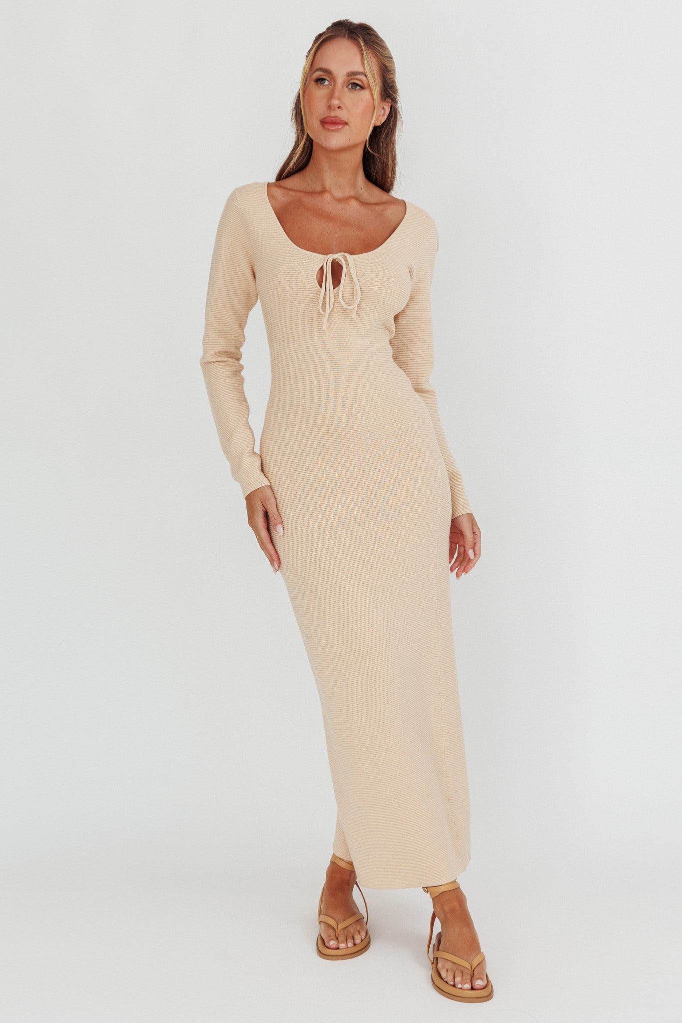 Merine Long Sleeve Knit Maxi Dress Sand-Maymioy