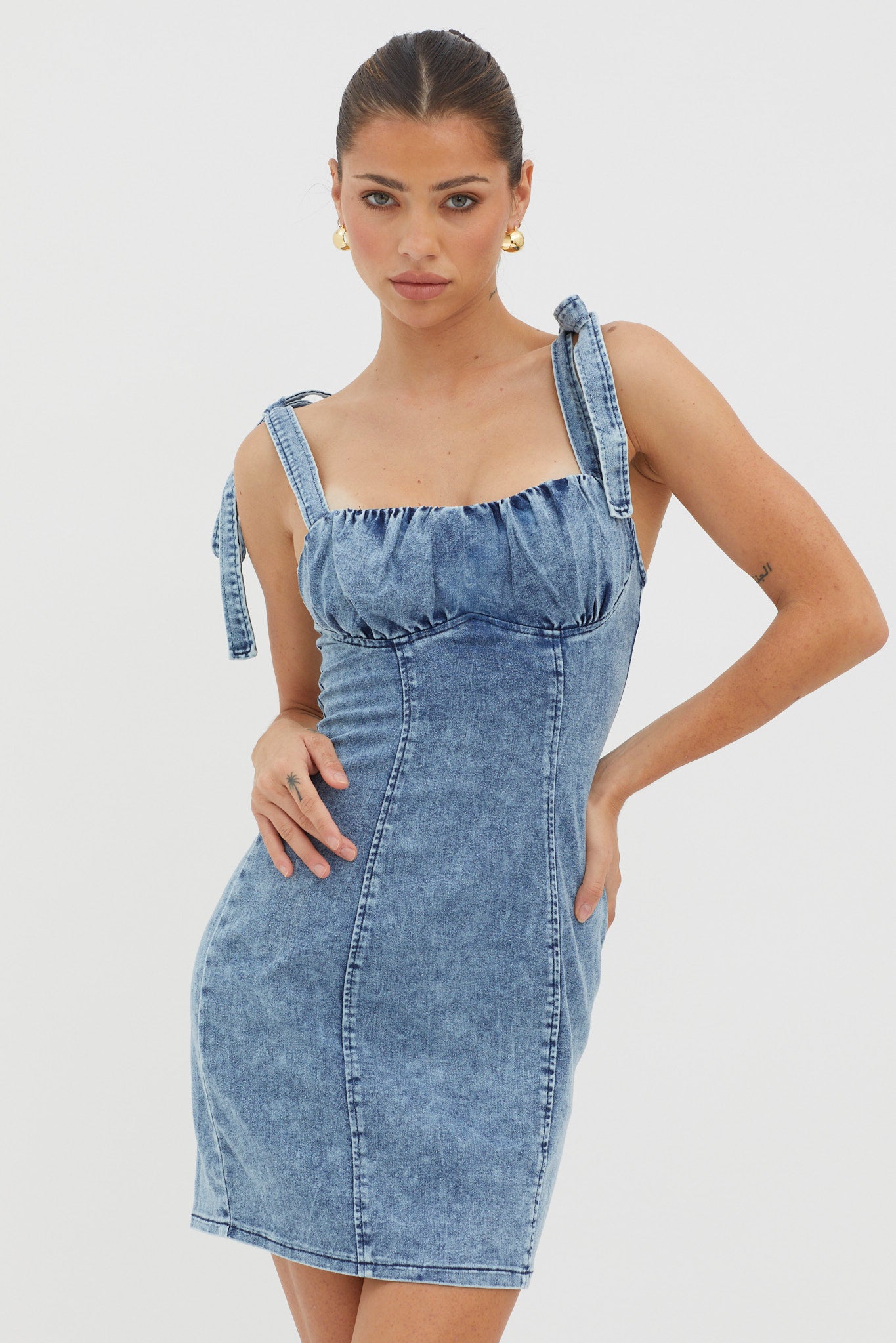 Harrison Tied Shoulder Mini Dress Denim Blue-Maymioy