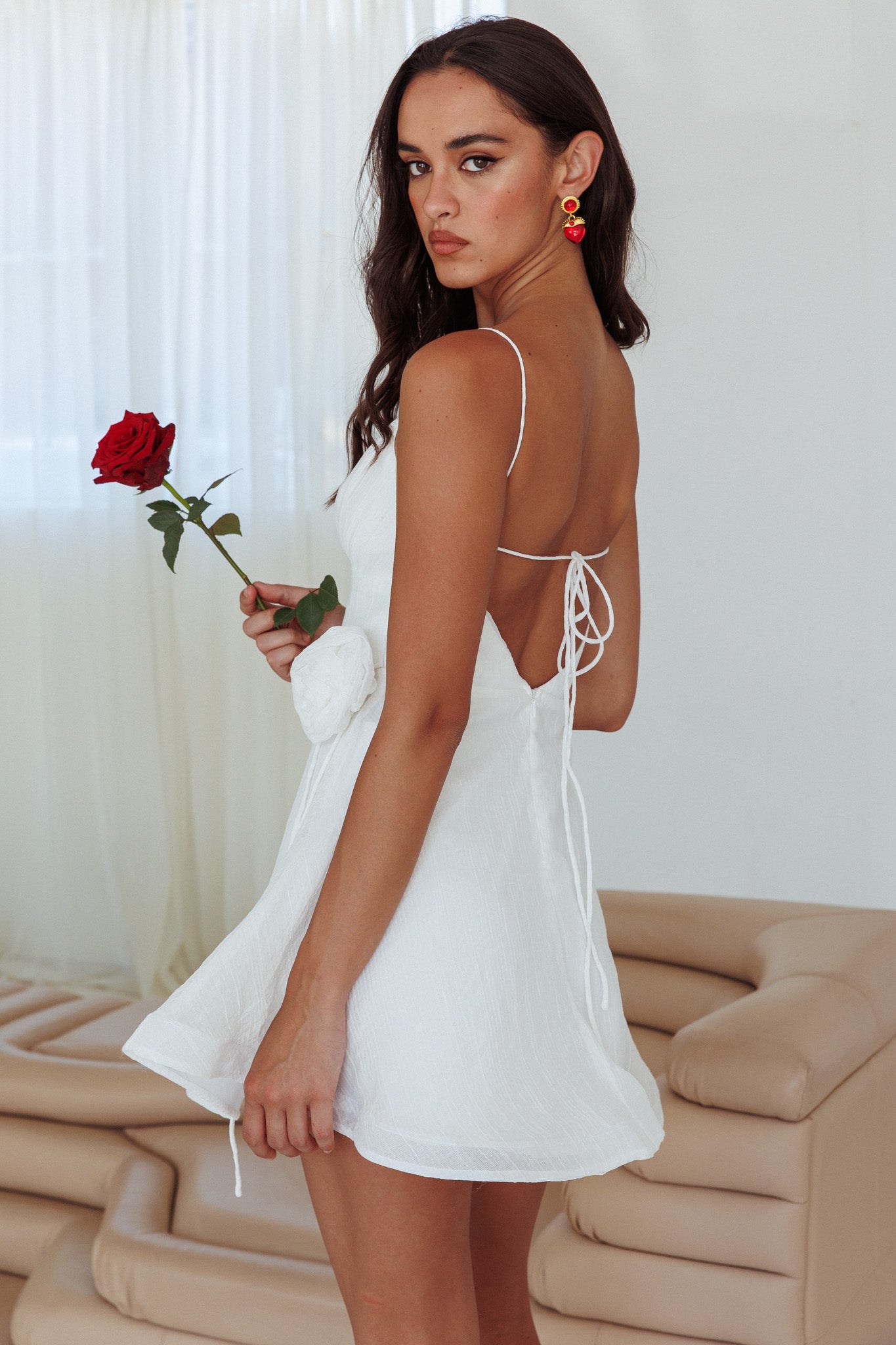 Kalinda Rose Accent Mini Dress Crepe White-Maymioy