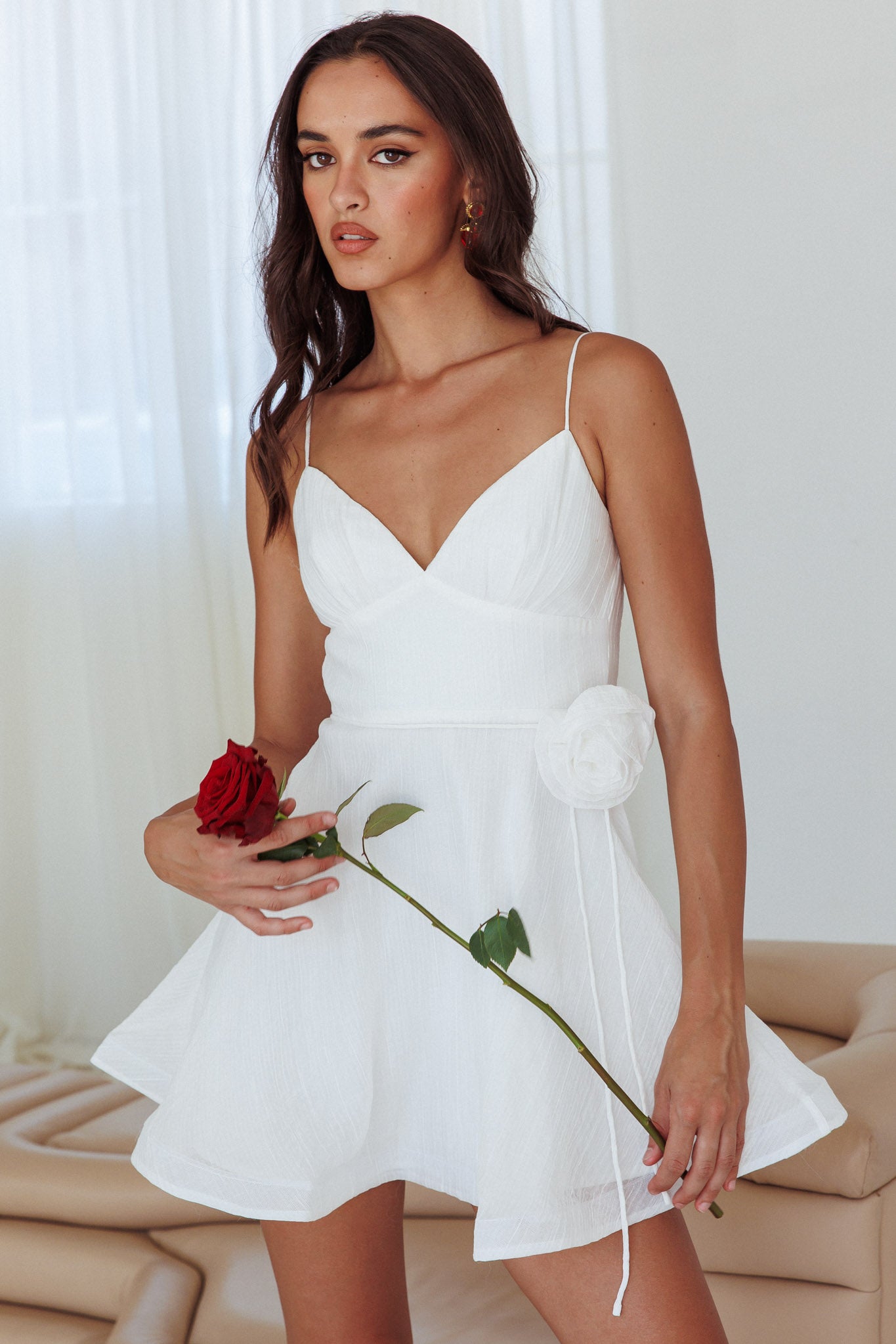 Kalinda Rose Accent Mini Dress Crepe White-Maymioy