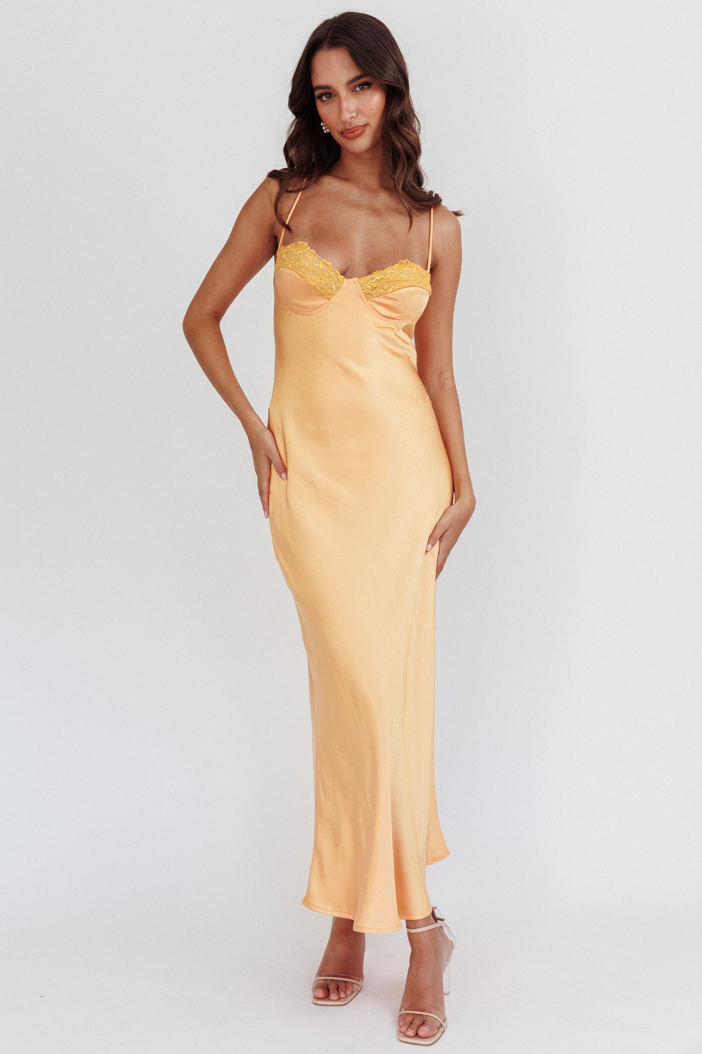 Inhibitions Lace Bust Midi Dress Melon-Maymioy