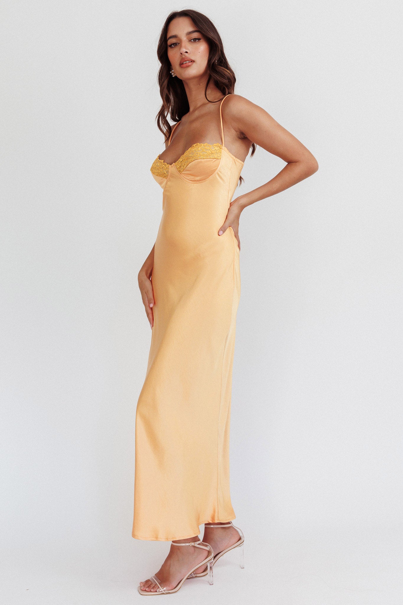 Inhibitions Lace Bust Midi Dress Melon-Maymioy
