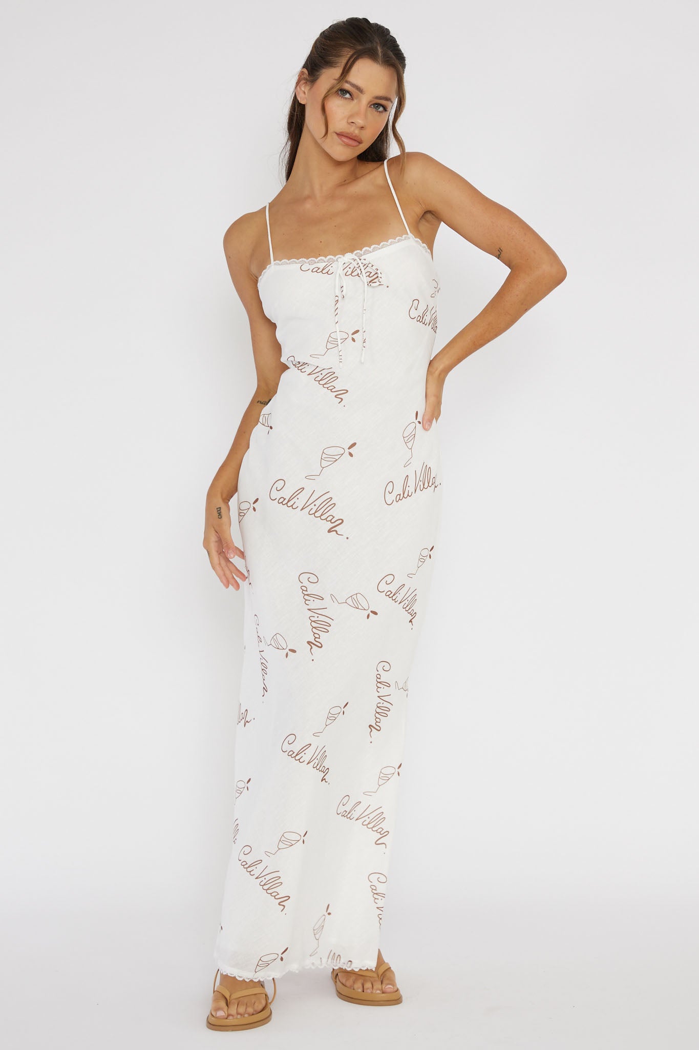 Cali Sunset Lace Trim Maxi Dress Print Tan-Maymioy