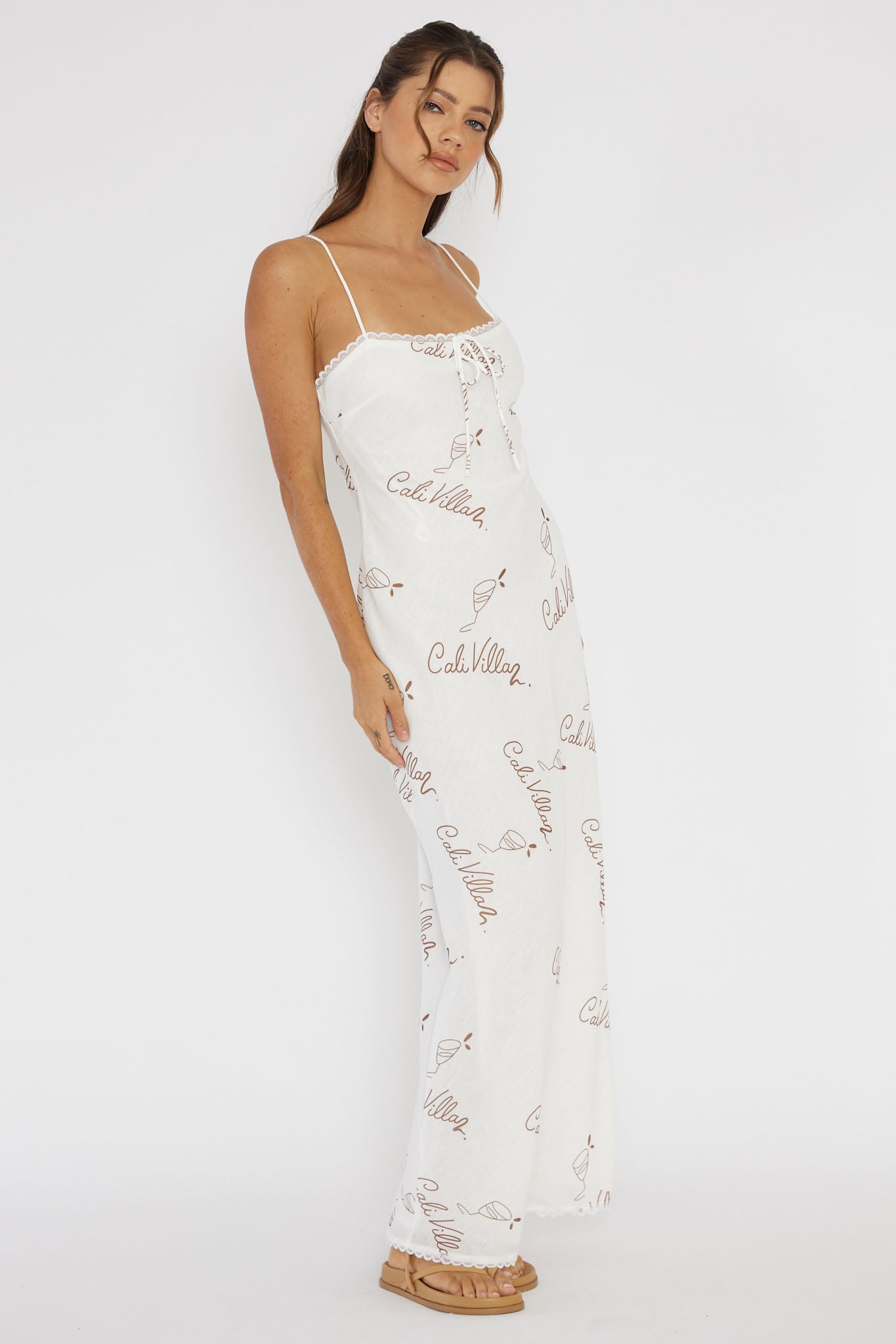 Cali Sunset Lace Trim Maxi Dress Print Tan-Maymioy