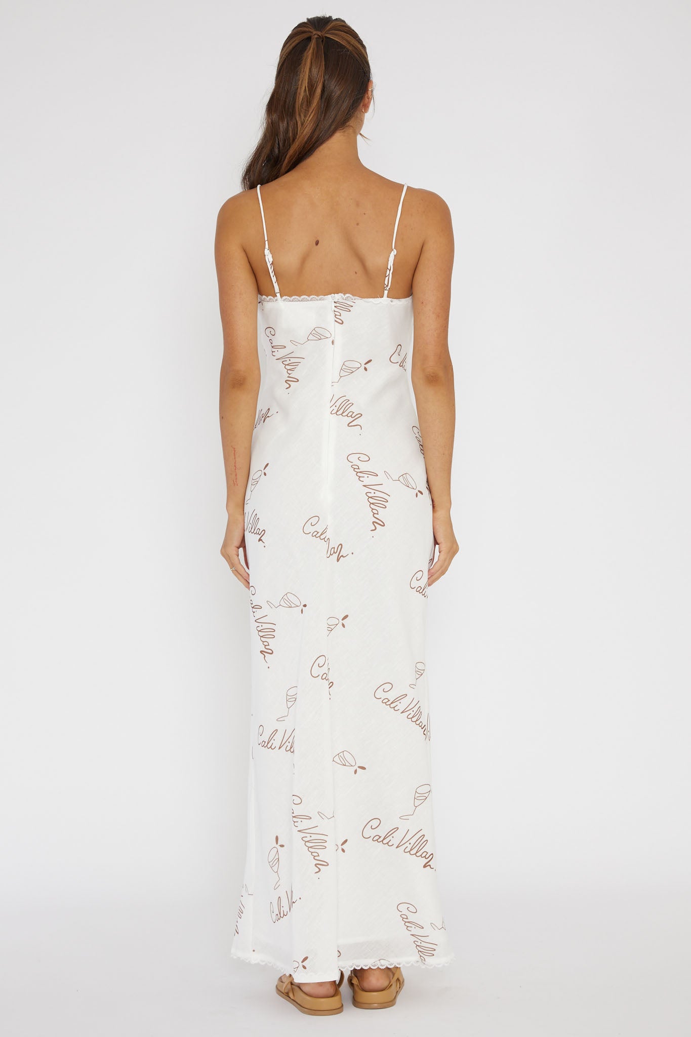 Cali Sunset Lace Trim Maxi Dress Print Tan-Maymioy