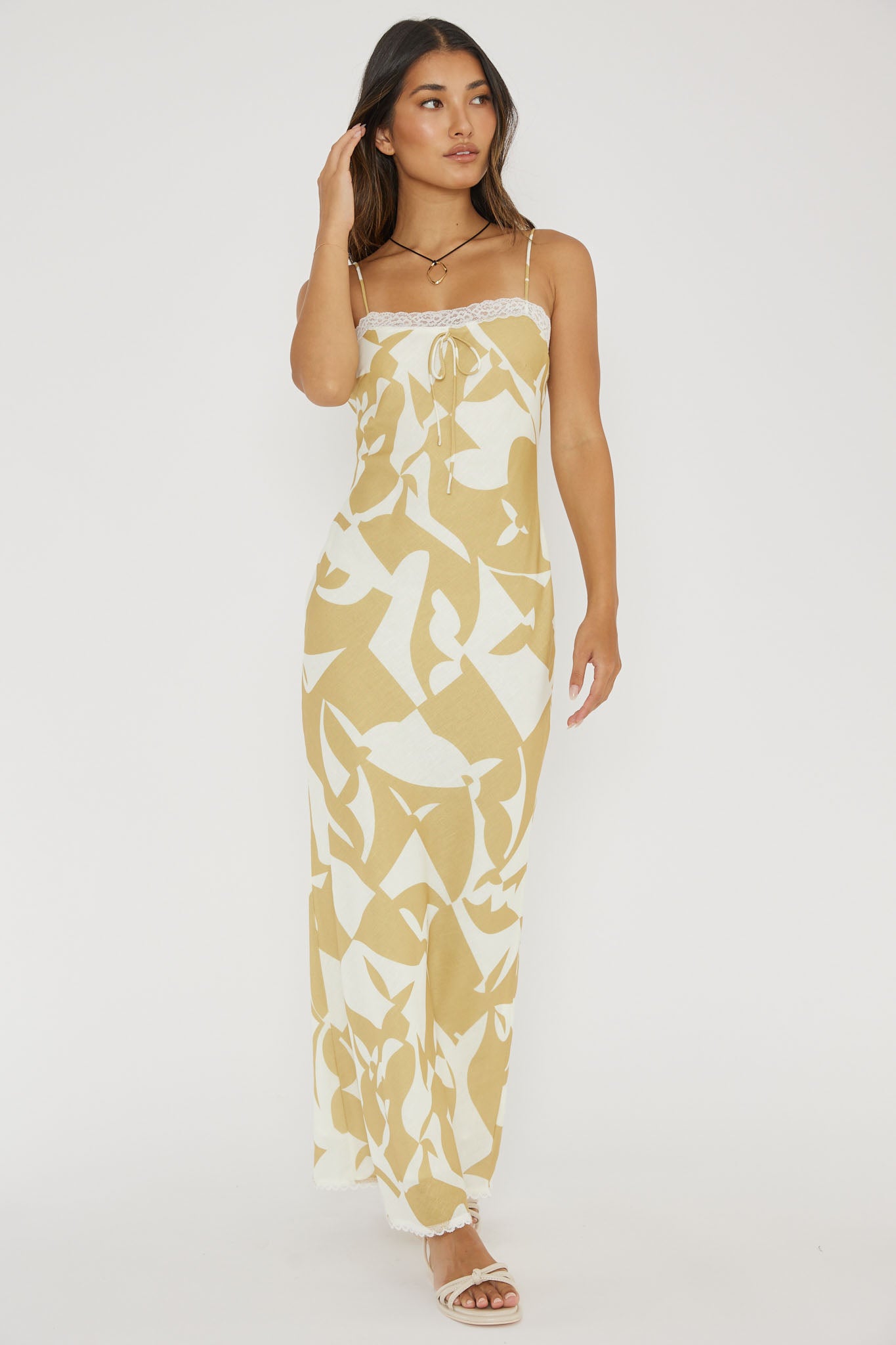 Cali Sunset Lace Trim Maxi Dress Print Yellow-Maymioy