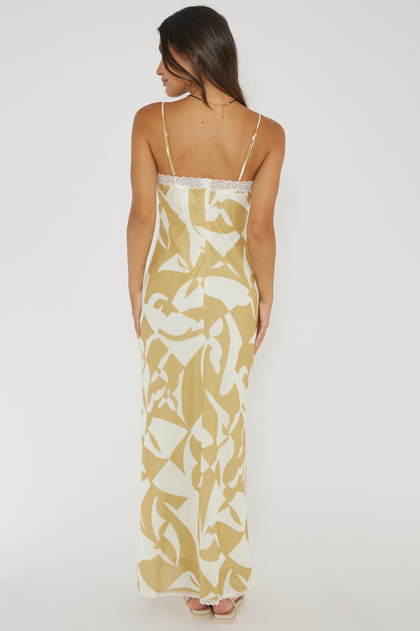 Cali Sunset Lace Trim Maxi Dress Print Yellow-Maymioy