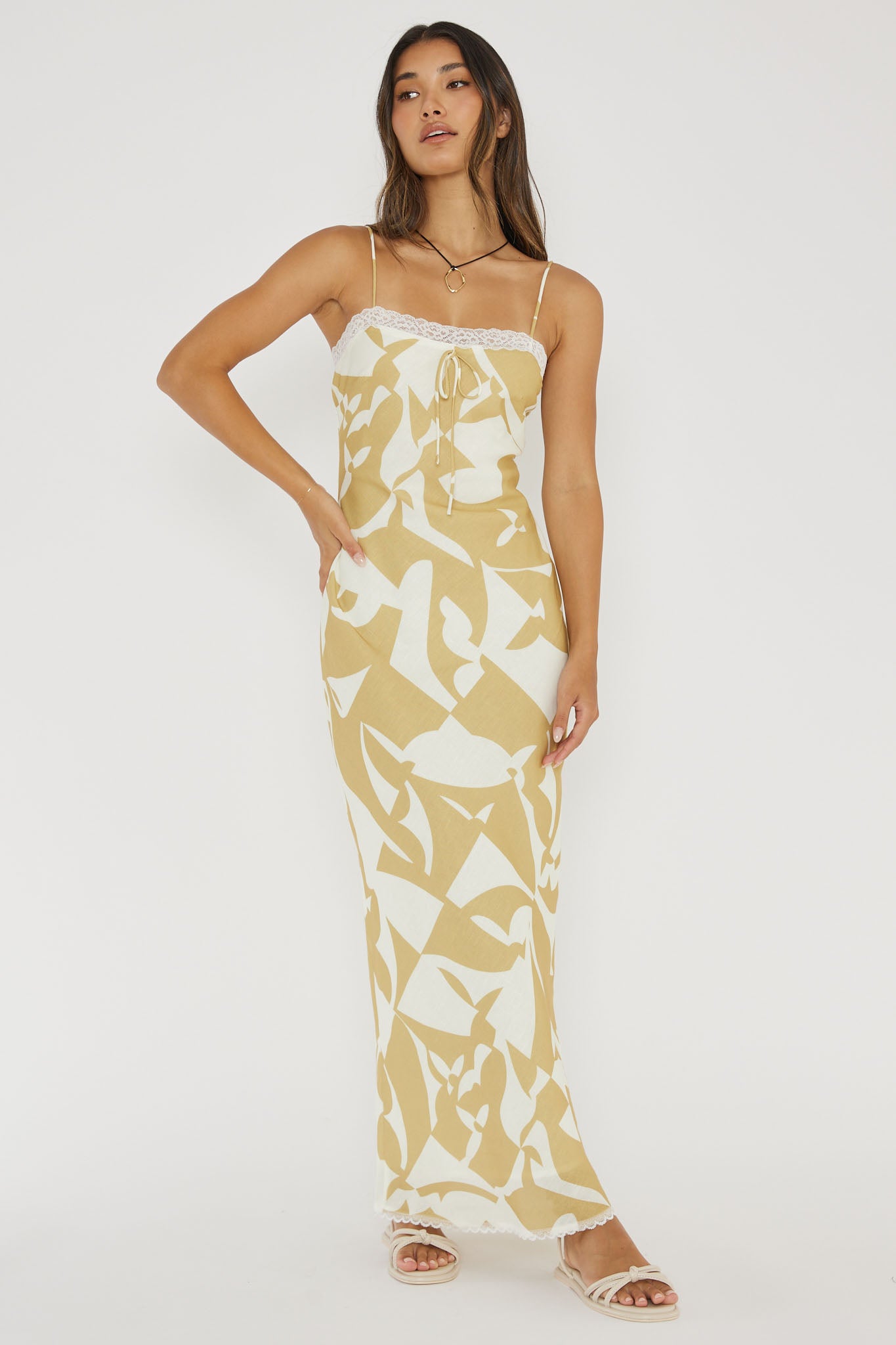 Cali Sunset Lace Trim Maxi Dress Print Yellow-Maymioy