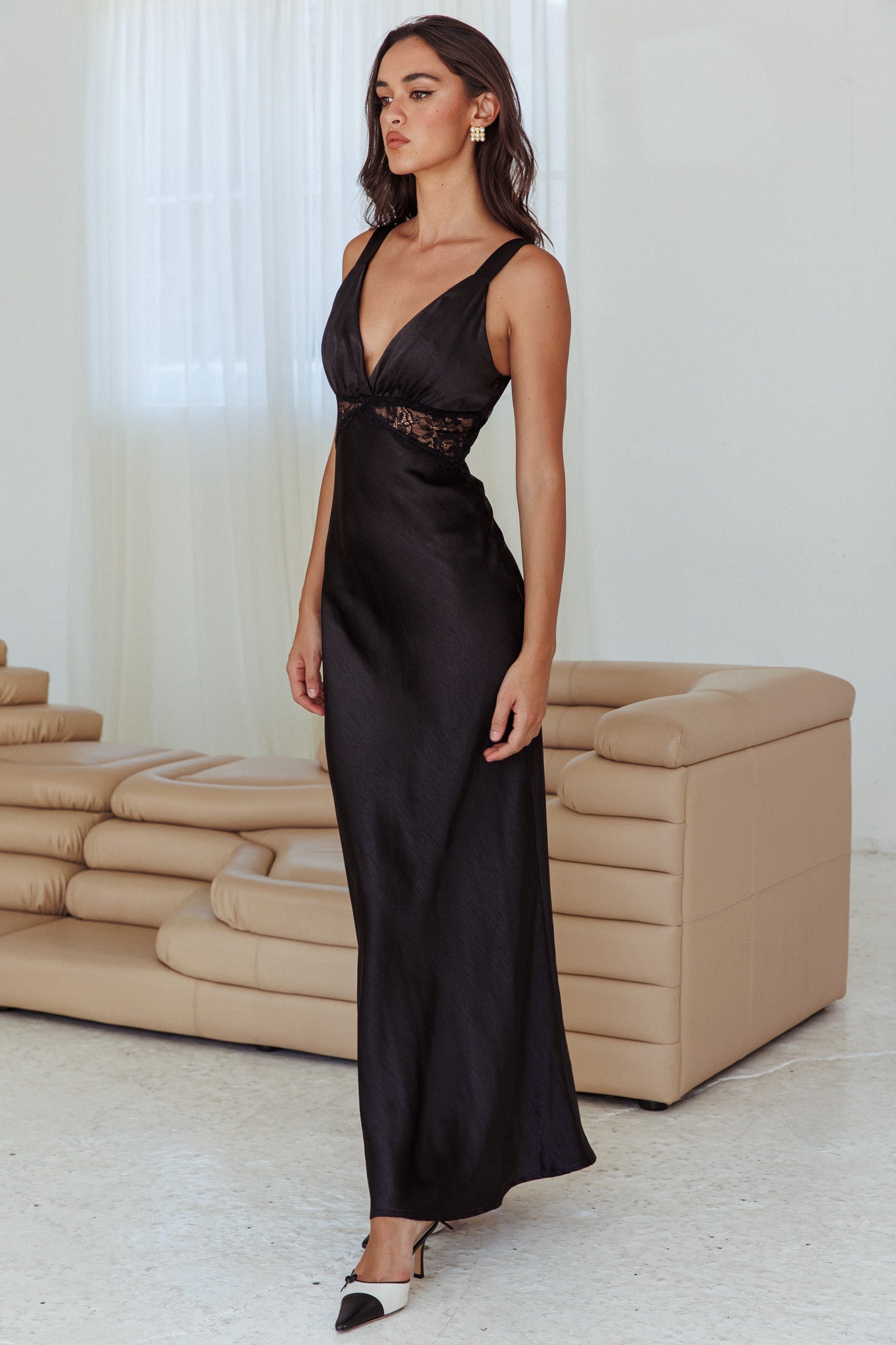 One Heart Lace Insert Maxi Dress Black-Maymioy