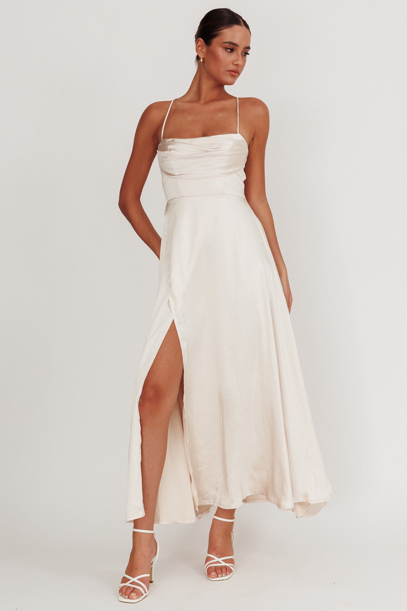 Inner Light Gathered Bust Split Maxi Dress Champagne-Maymioy