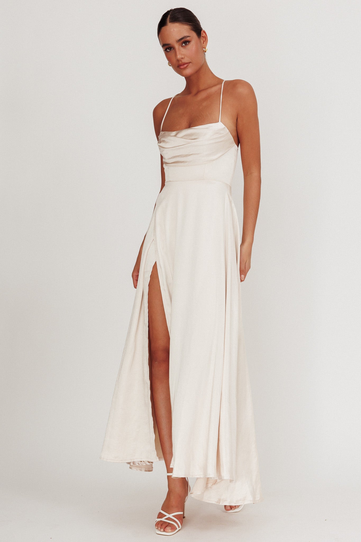 Inner Light Gathered Bust Split Maxi Dress Champagne-Maymioy