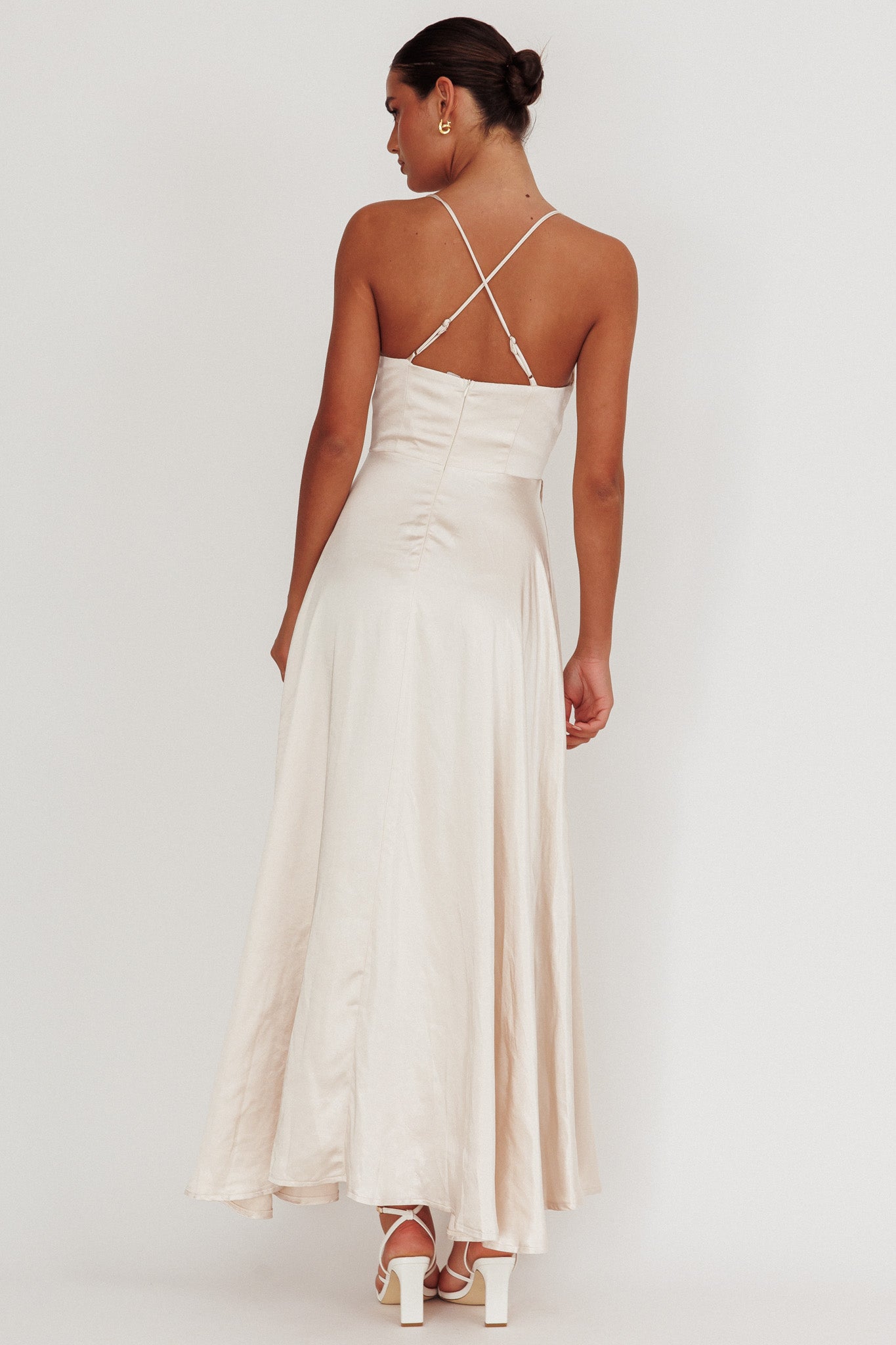 Inner Light Gathered Bust Split Maxi Dress Champagne-Maymioy