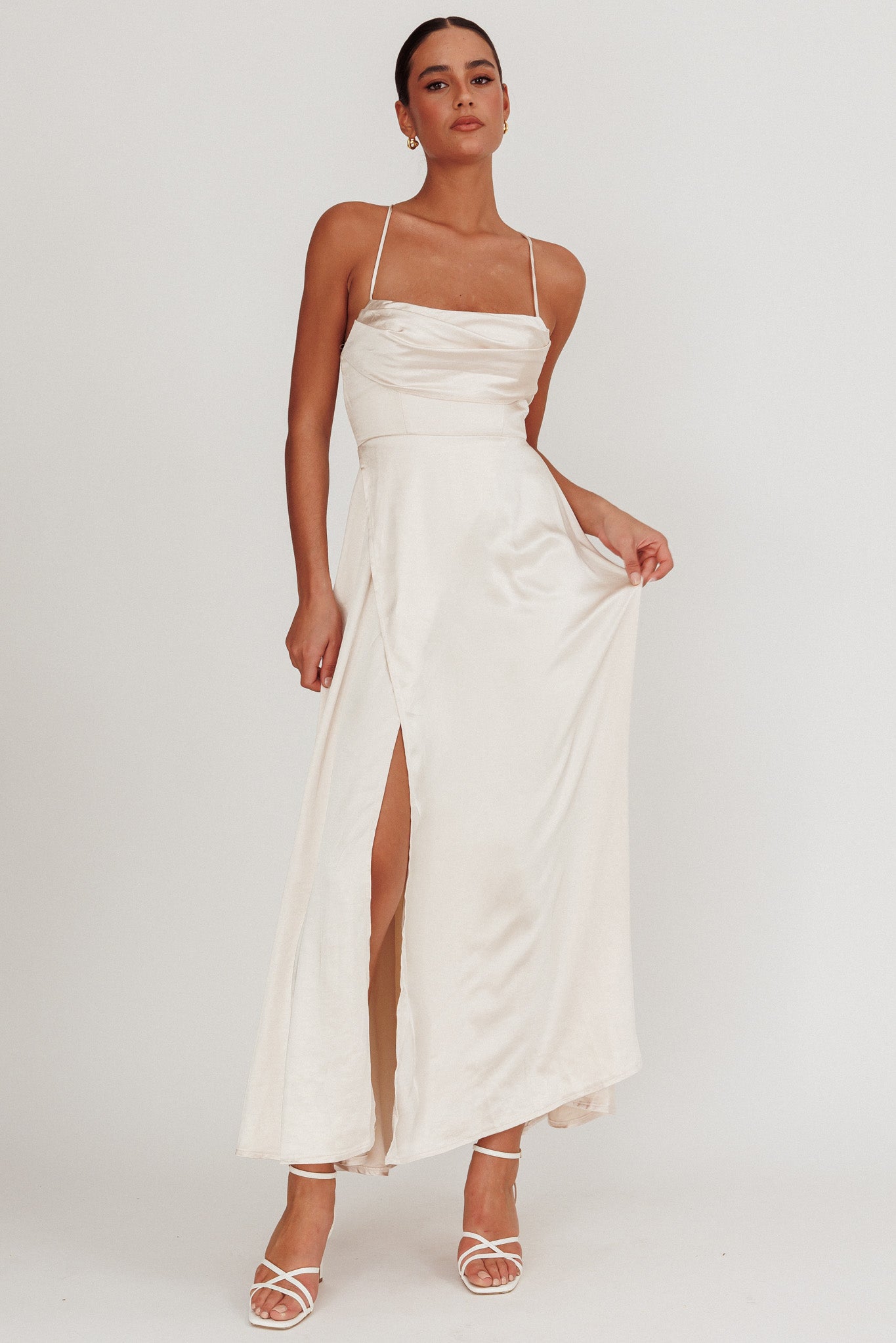 Inner Light Gathered Bust Split Maxi Dress Champagne-Maymioy