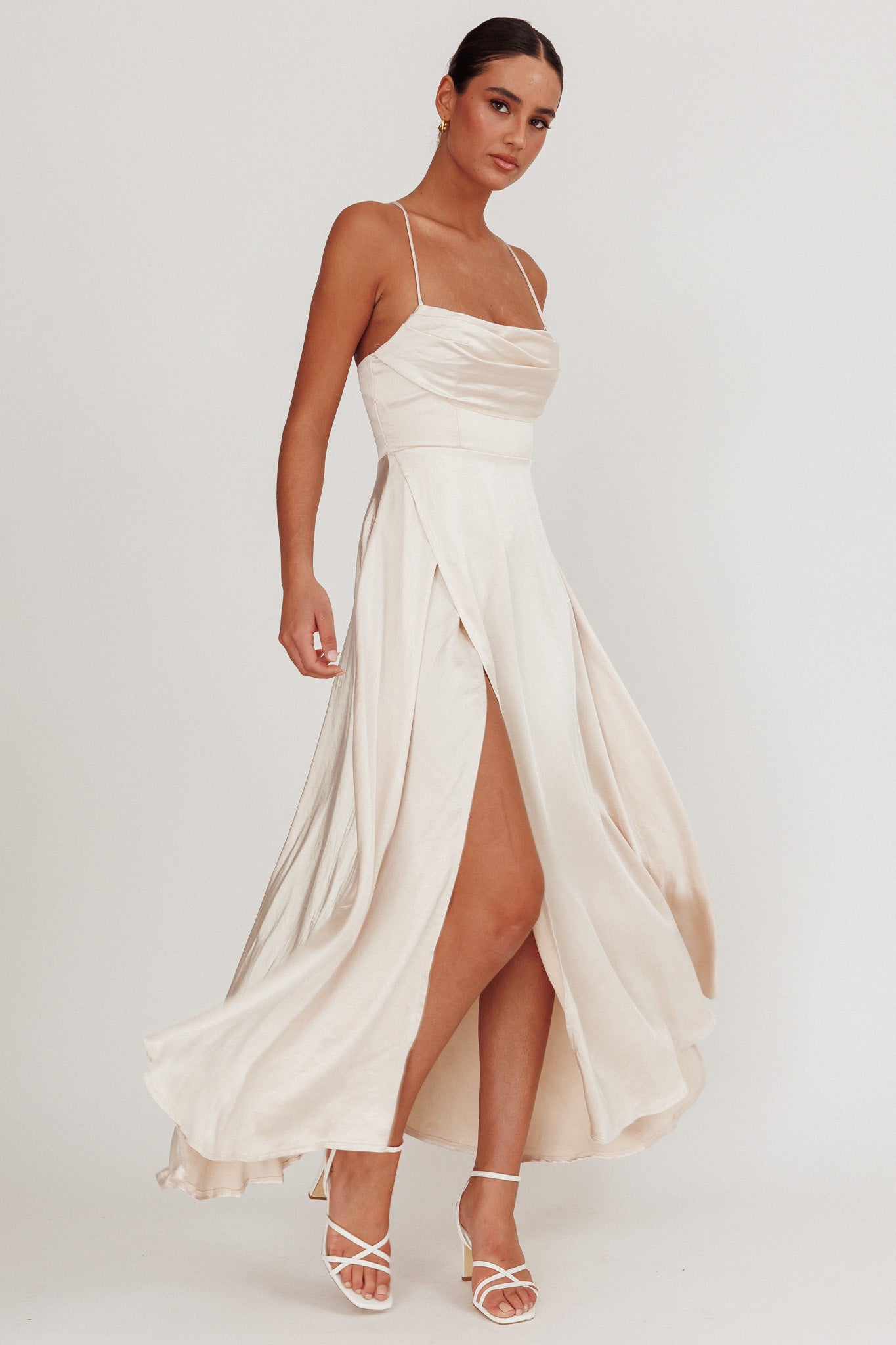 Inner Light Gathered Bust Split Maxi Dress Champagne-Maymioy