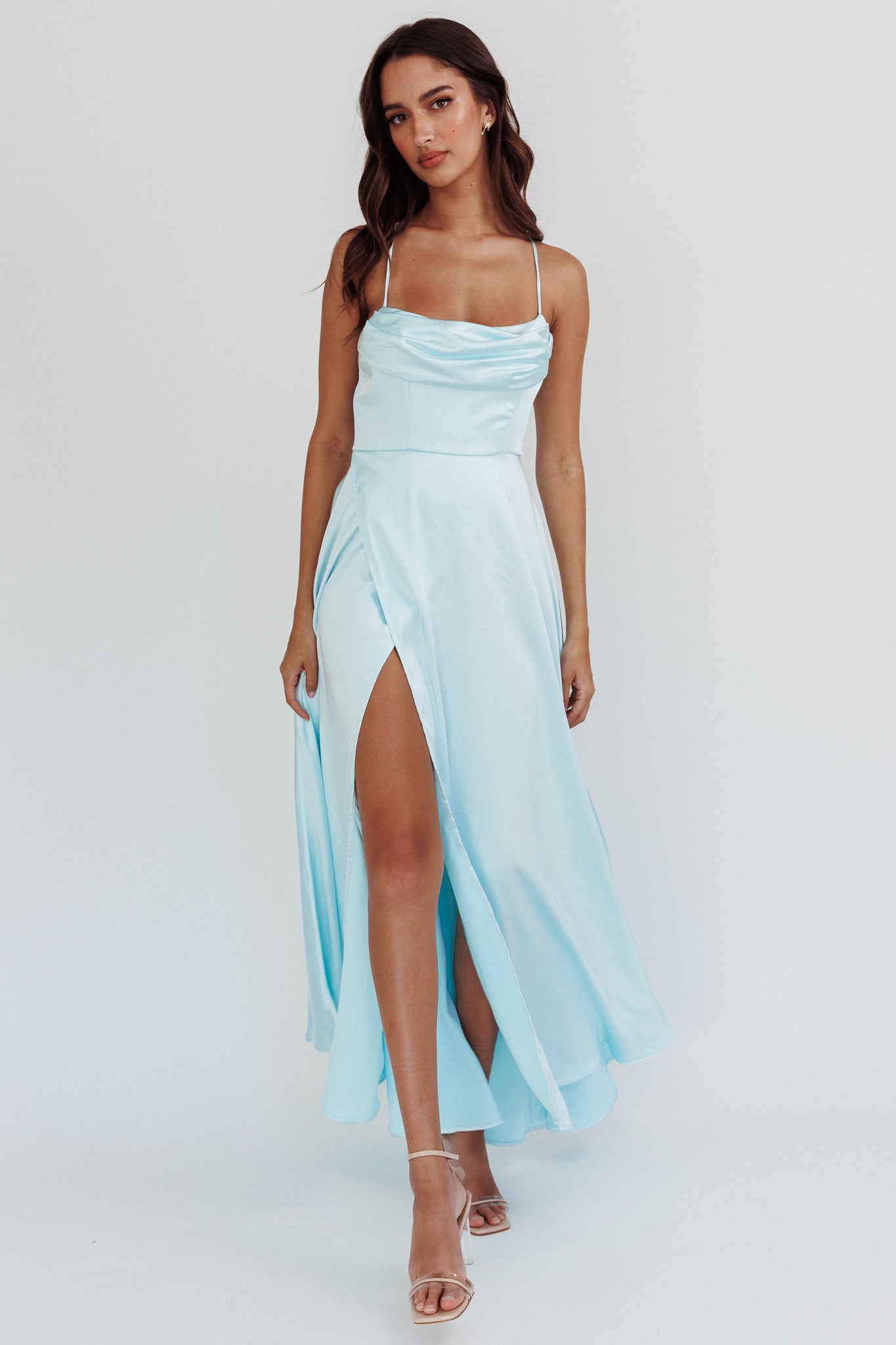 Inner Light Gathered Bust Split Maxi Dress Mint-Maymioy