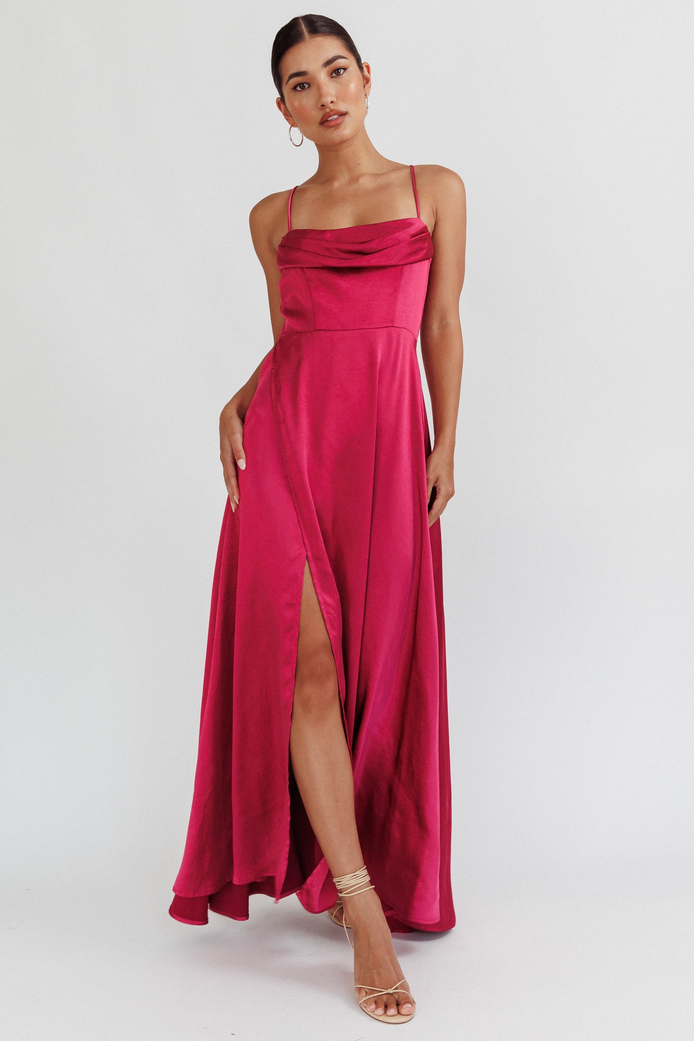 Inner Light Gathered Bust Split Maxi Dress Wine-Maymioy