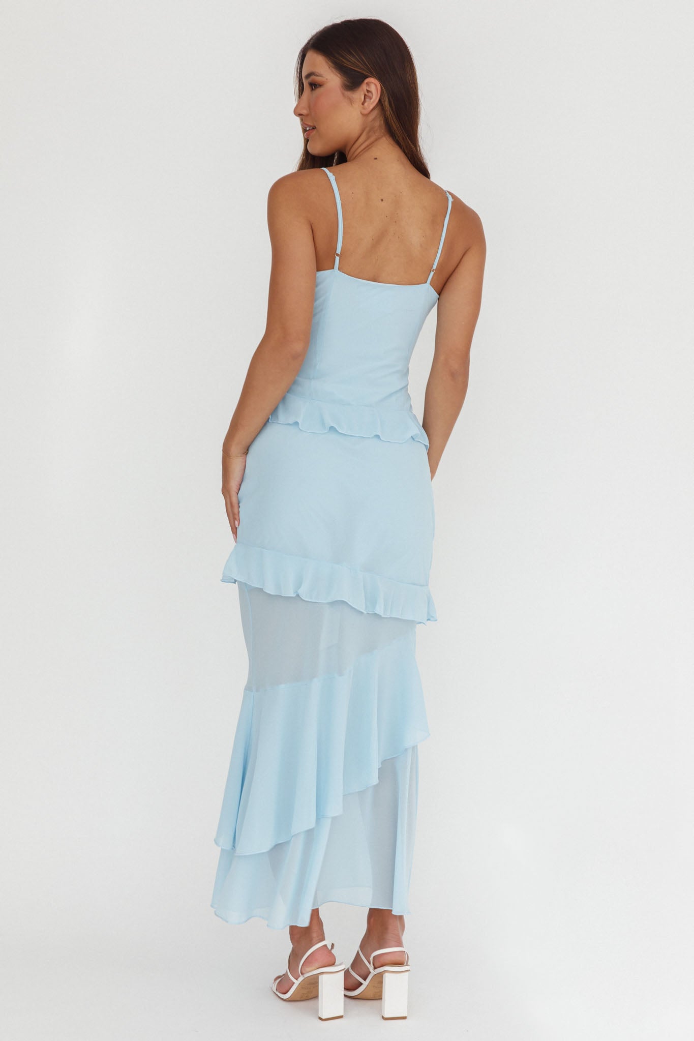 Marlie Frill Trim Rosette Maxi Dress Blue-Maymioy