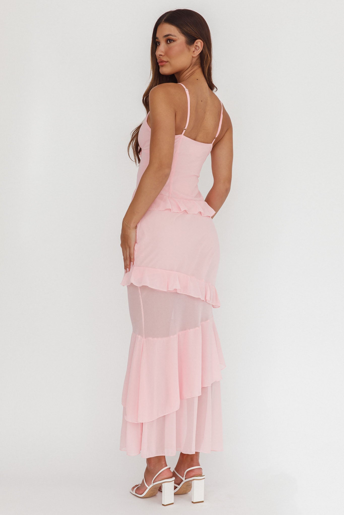 Marlie Frill Trim Rosette Maxi Dress Blush-Maymioy