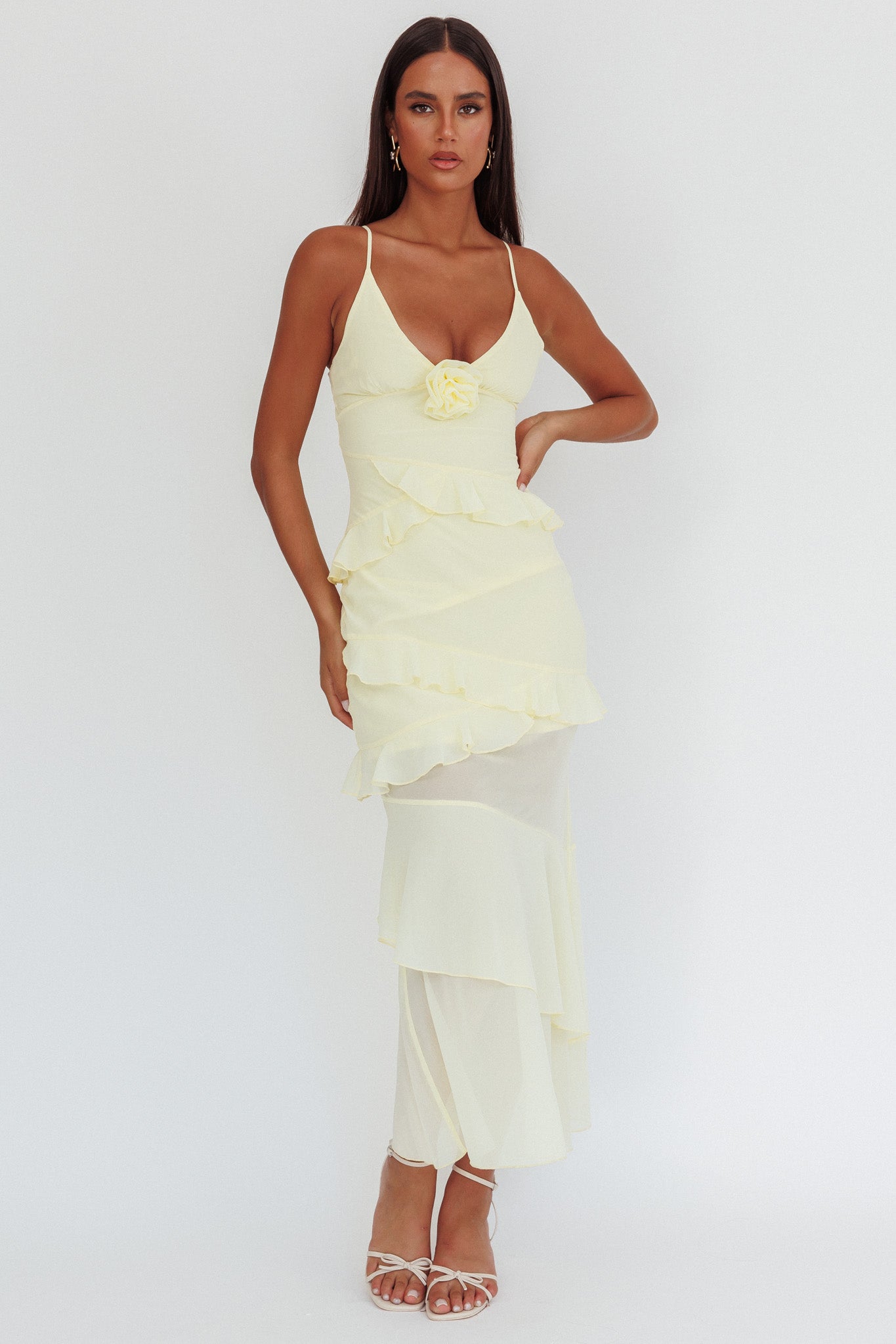 Marlie Frill Trim Rosette Maxi Dress Butter-Maymioy