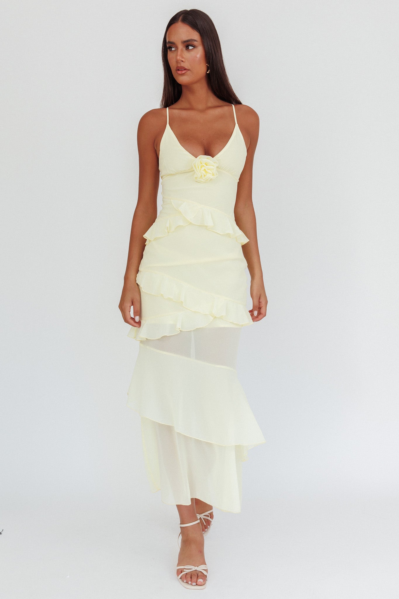 Marlie Frill Trim Rosette Maxi Dress Butter-Maymioy