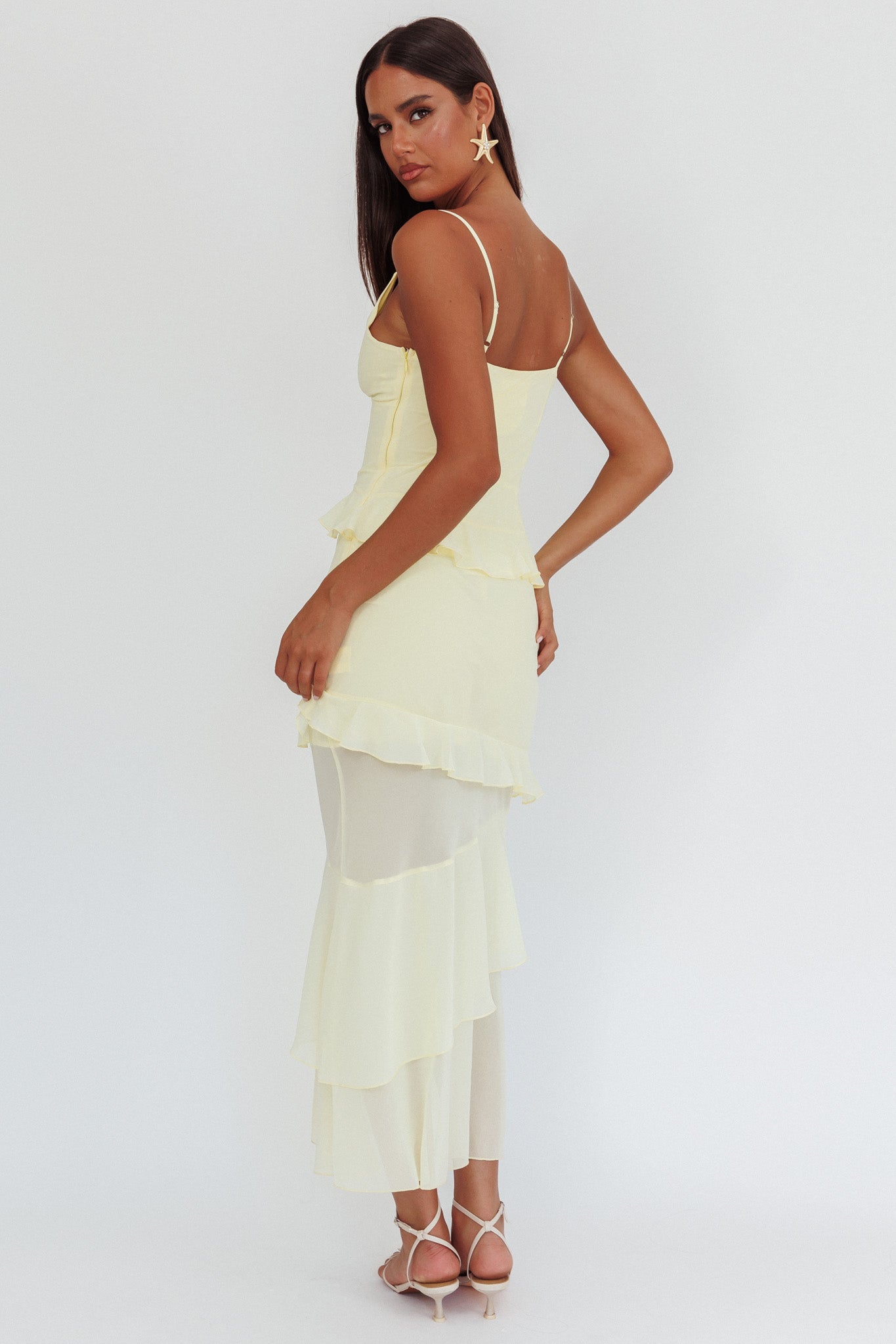 Marlie Frill Trim Rosette Maxi Dress Butter-Maymioy