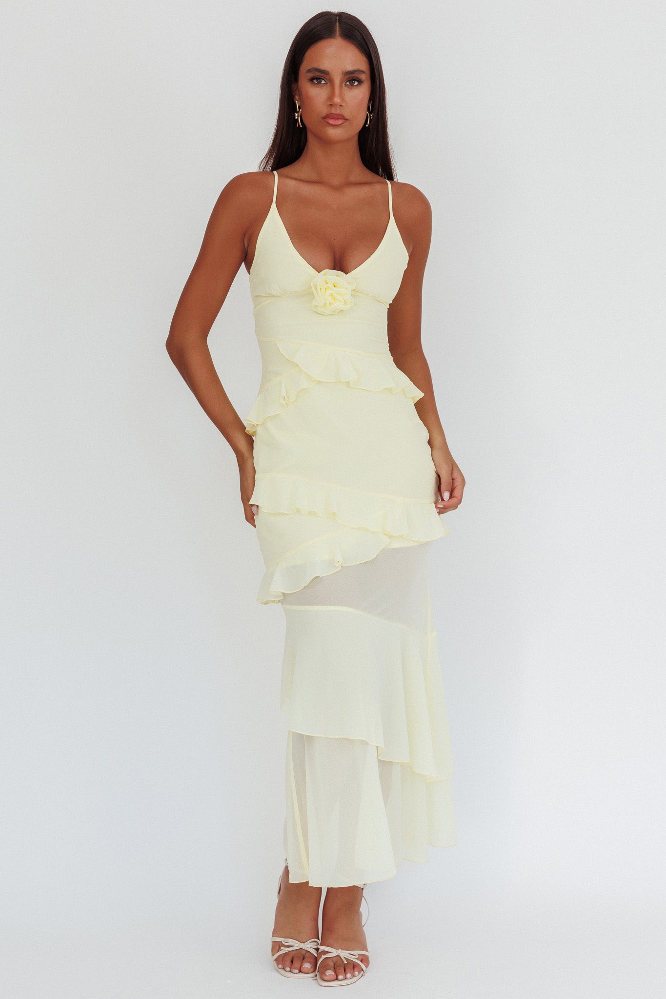 Marlie Frill Trim Rosette Maxi Dress Butter-Maymioy