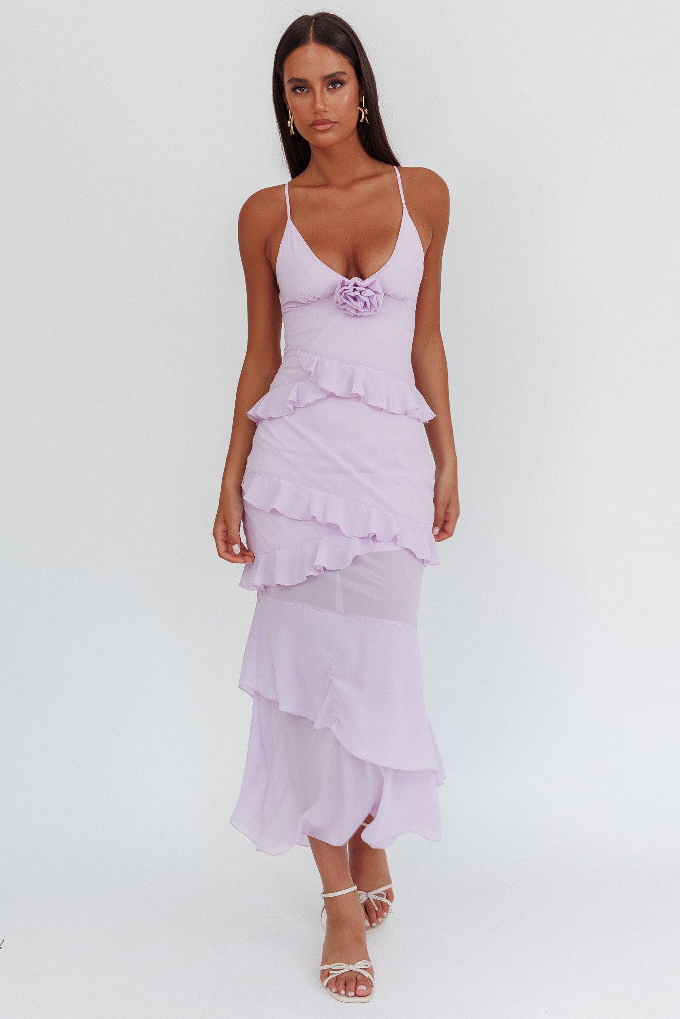 Marlie Frill Trim Rosette Maxi Dress Lilac-Maymioy