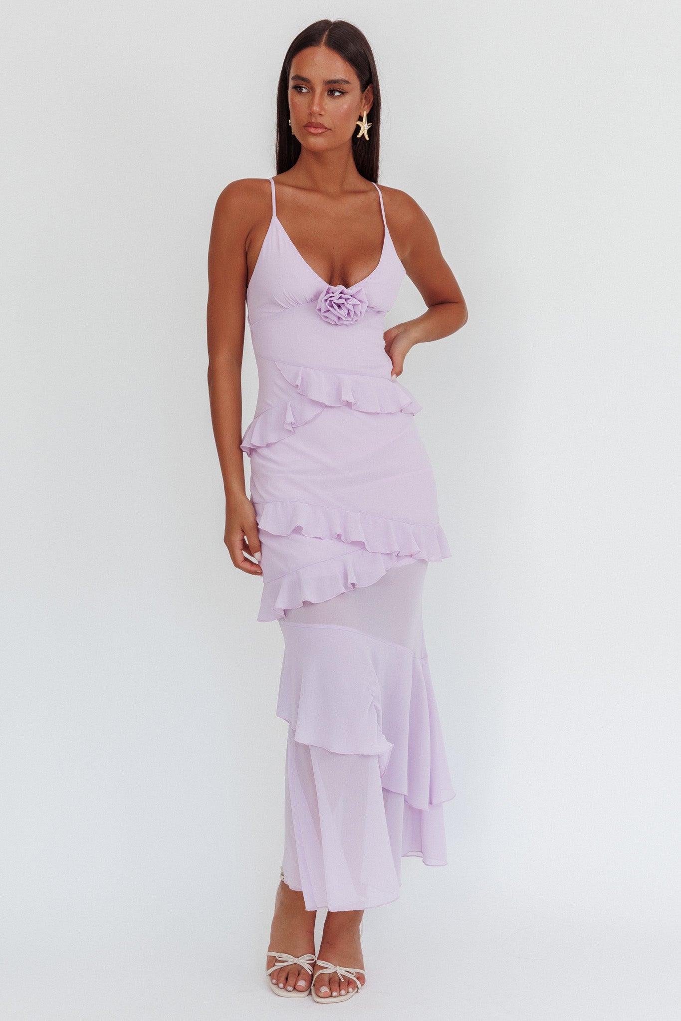Marlie Frill Trim Rosette Maxi Dress Lilac-Maymioy