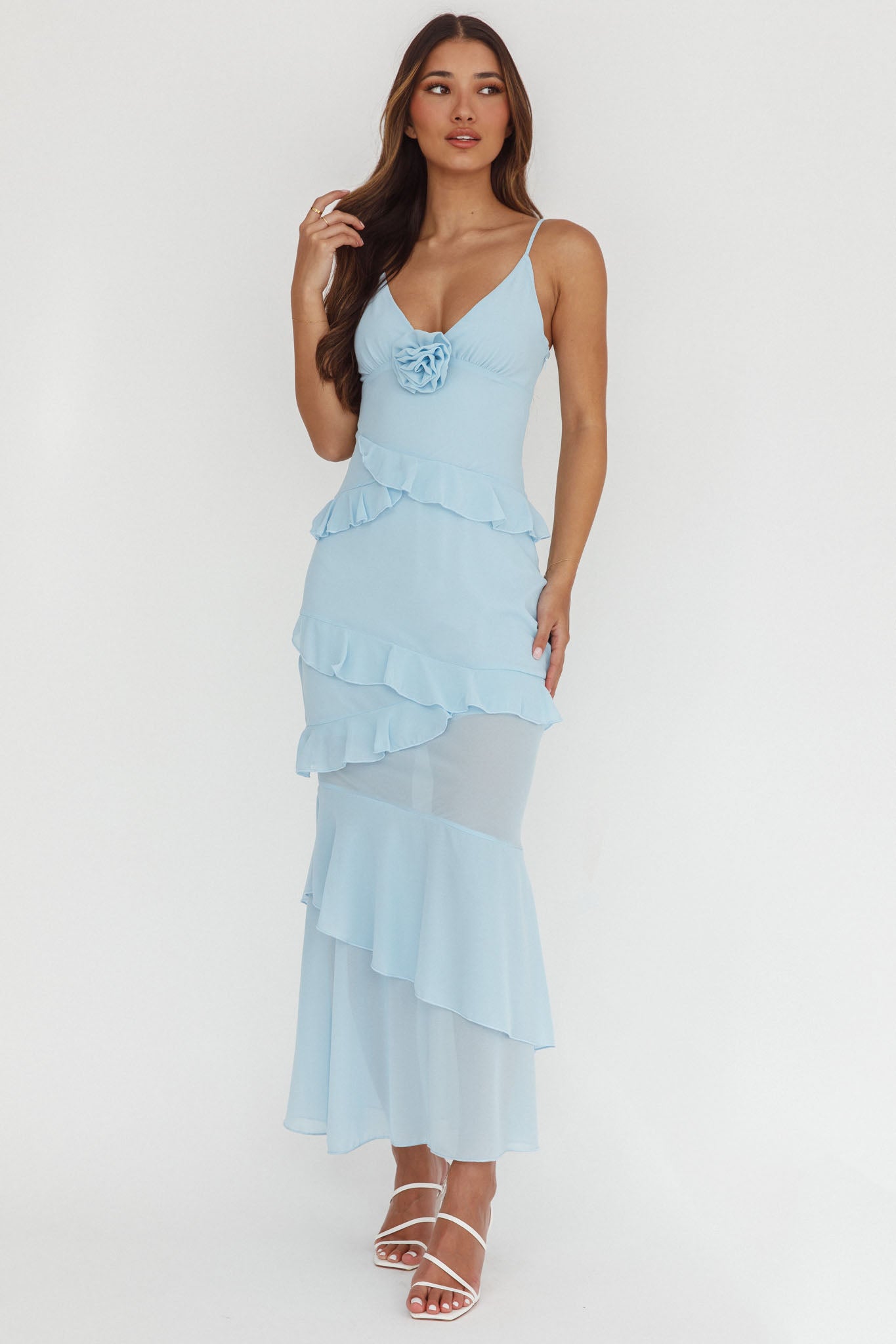 Marlie Frill Trim Rosette Maxi Dress Blue-Maymioy