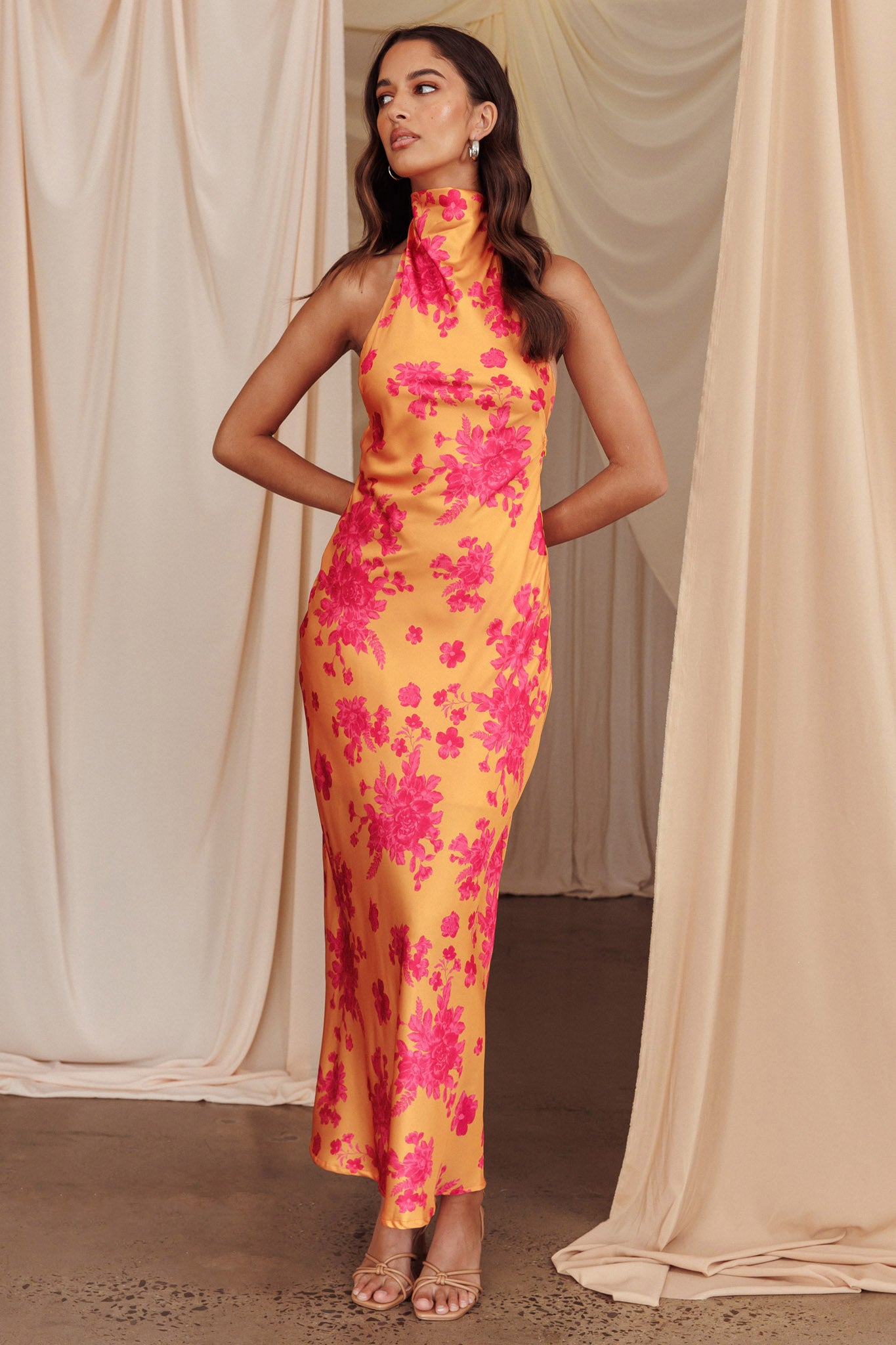 Sweetest Sundays Halterneck Open Back Dress Orange-Maymioy