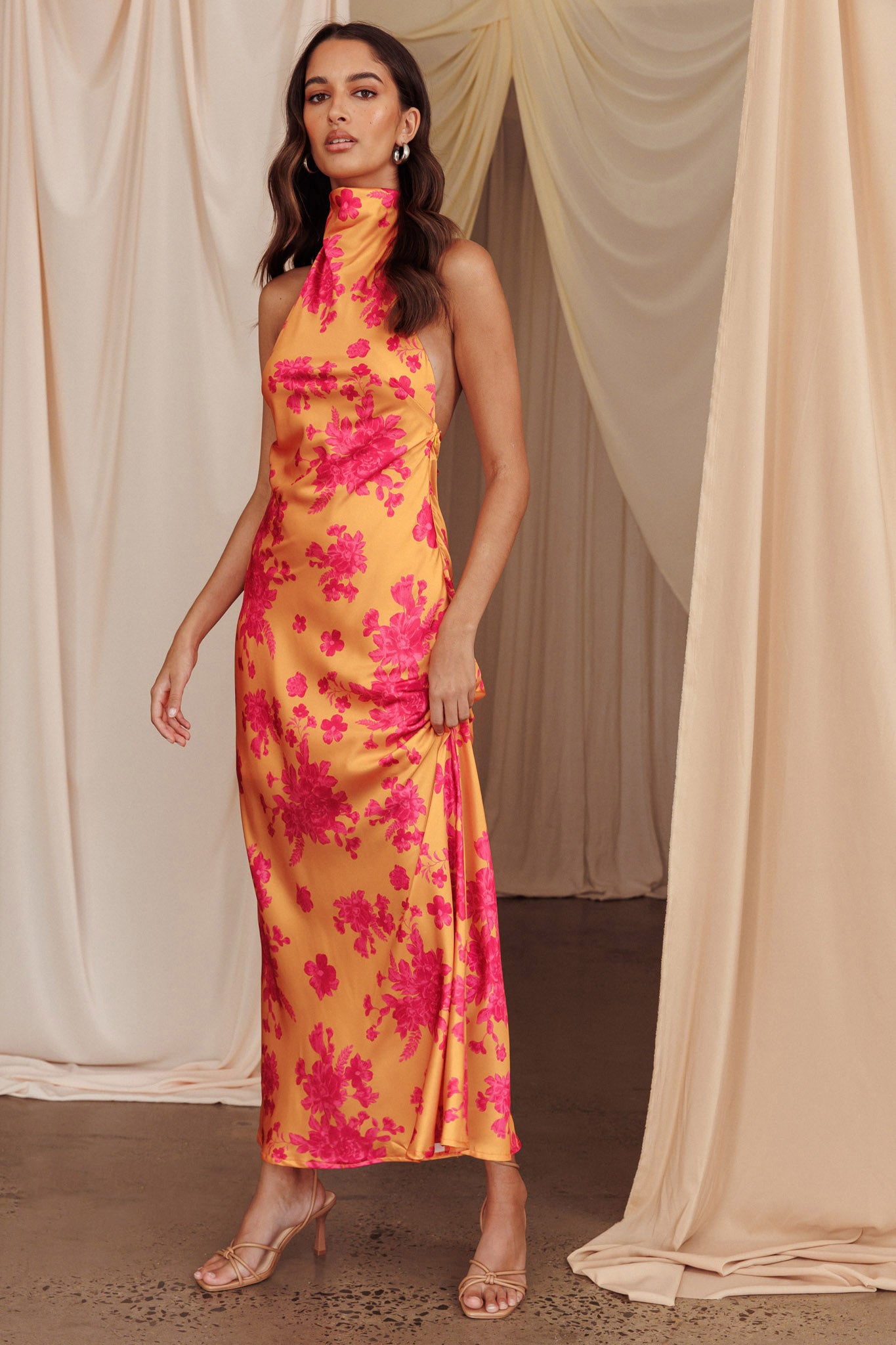 Sweetest Sundays Halterneck Open Back Dress Orange-Maymioy