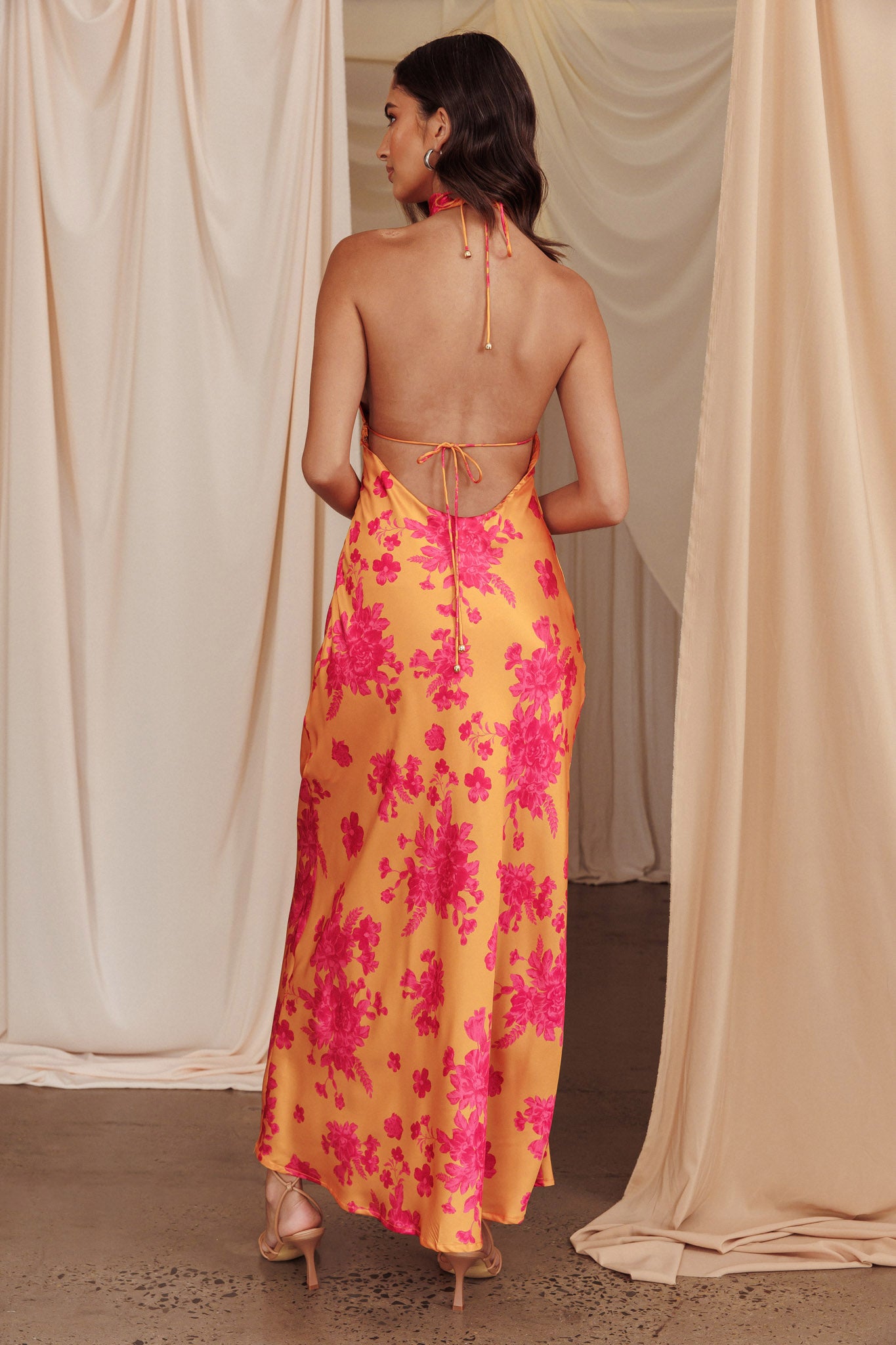 Sweetest Sundays Halterneck Open Back Dress Orange-Maymioy