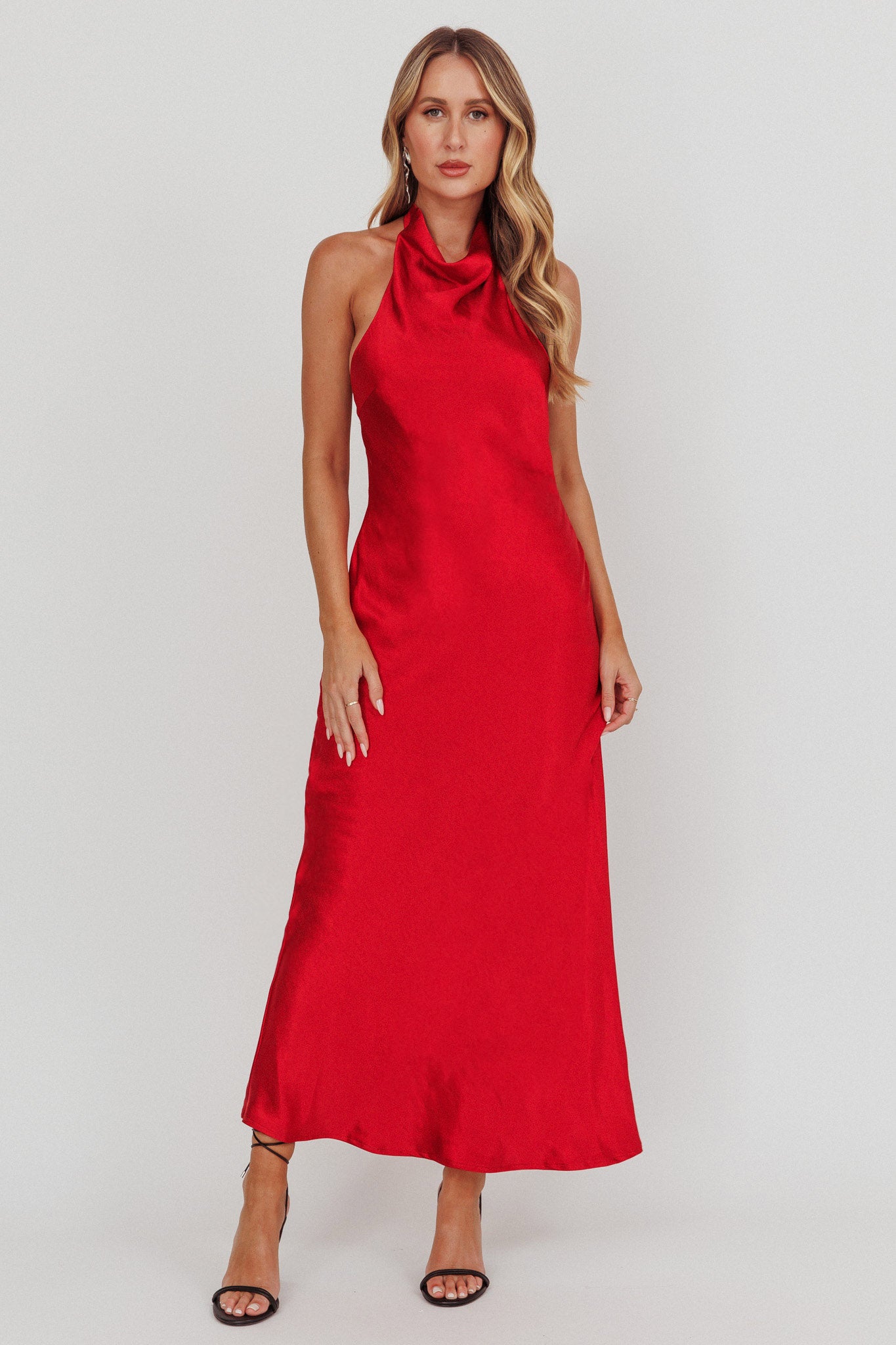 Sweetest Sundays Halterneck Open Back Dress Red-Maymioy