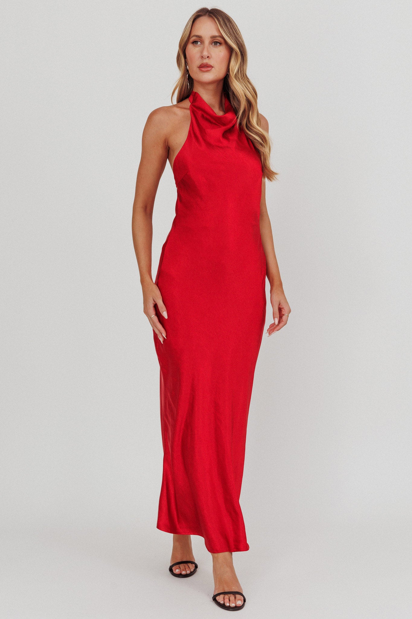 Sweetest Sundays Halterneck Open Back Dress Red-Maymioy