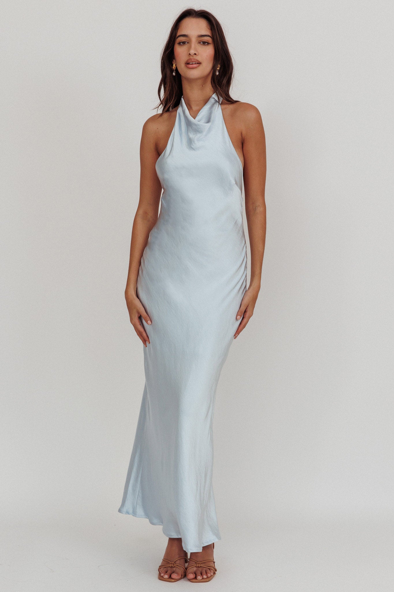Sweetest Sundays Halterneck Open Back Dress Soft Blue-Maymioy