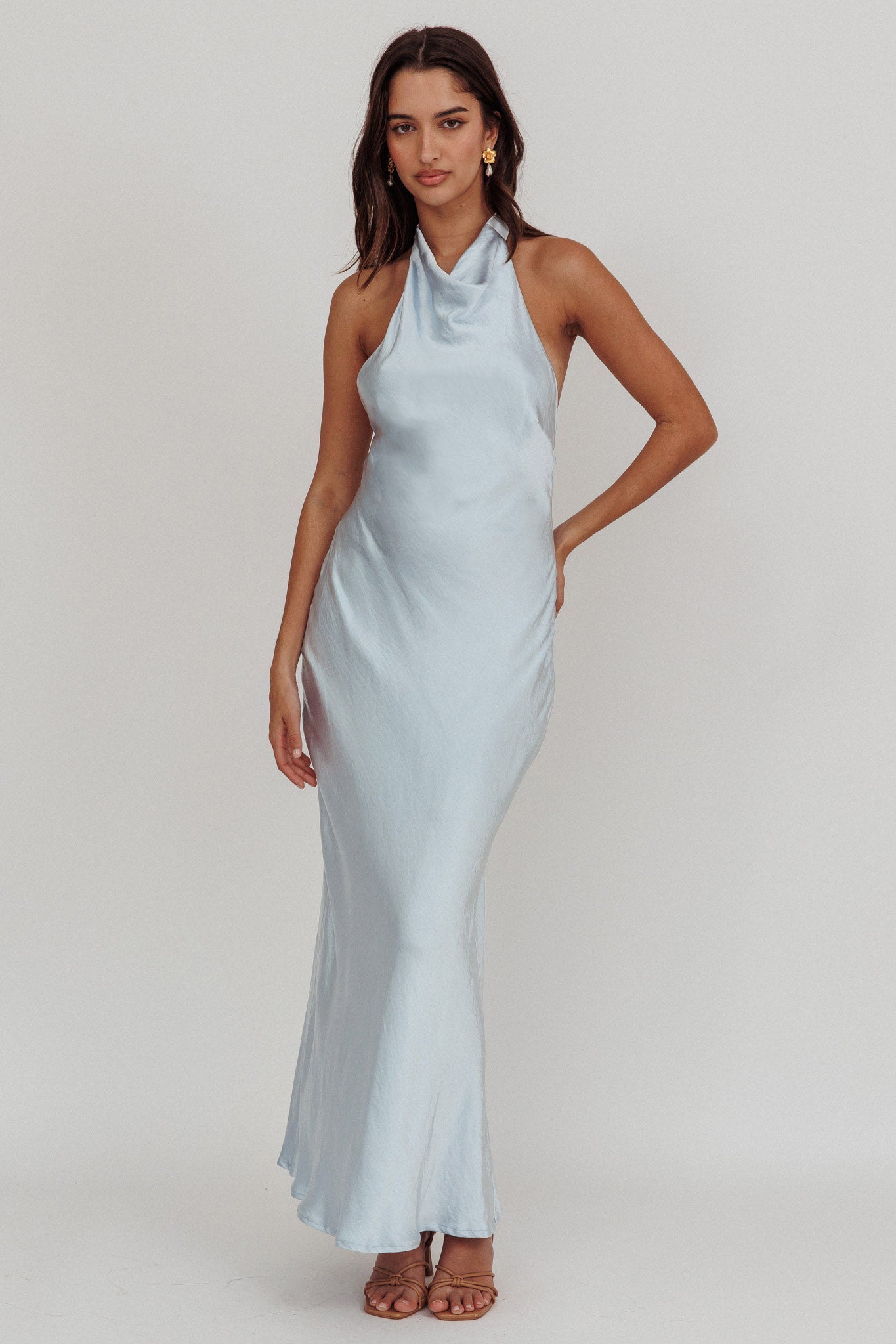 Sweetest Sundays Halterneck Open Back Dress Soft Blue-Maymioy