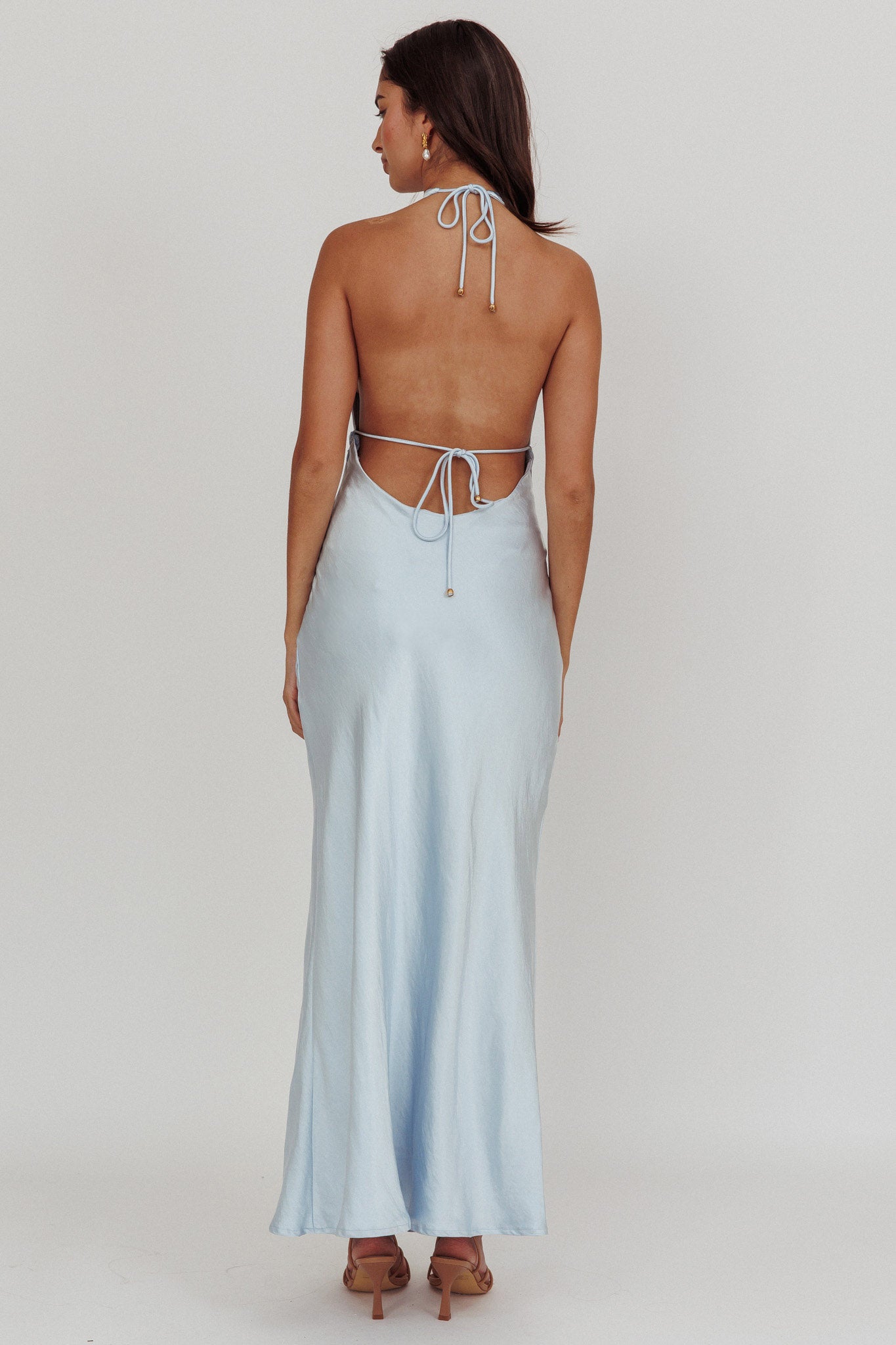 Sweetest Sundays Halterneck Open Back Dress Soft Blue-Maymioy