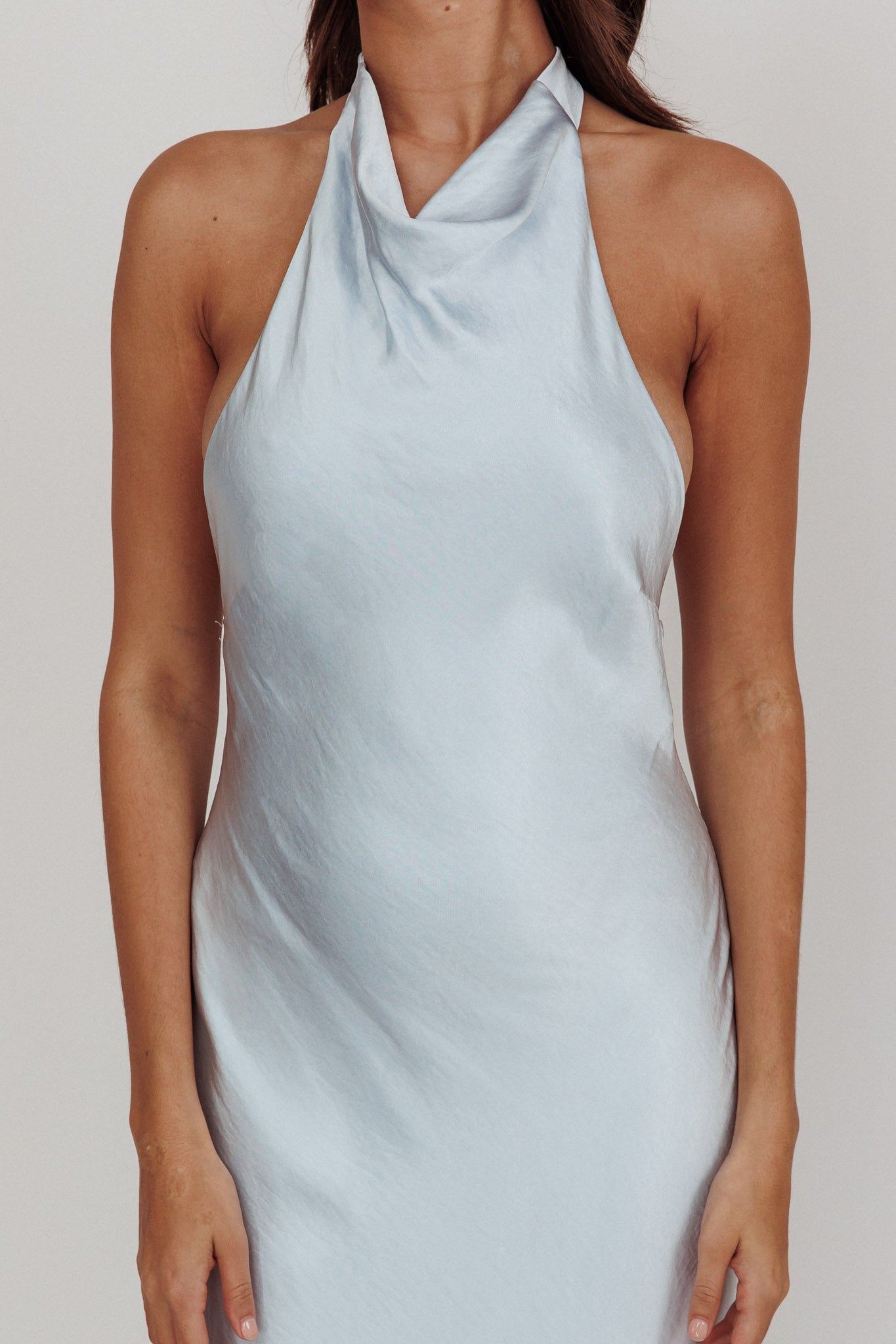 Sweetest Sundays Halterneck Open Back Dress Soft Blue-Maymioy