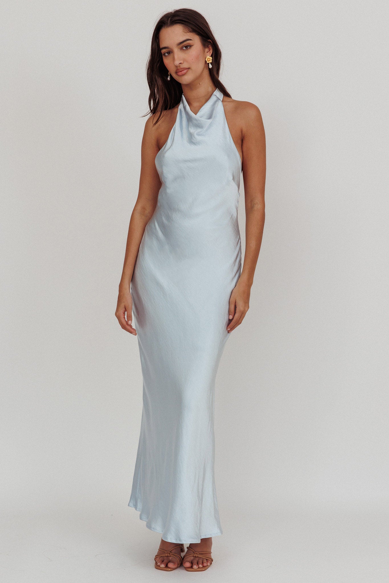 Sweetest Sundays Halterneck Open Back Dress Soft Blue-Maymioy