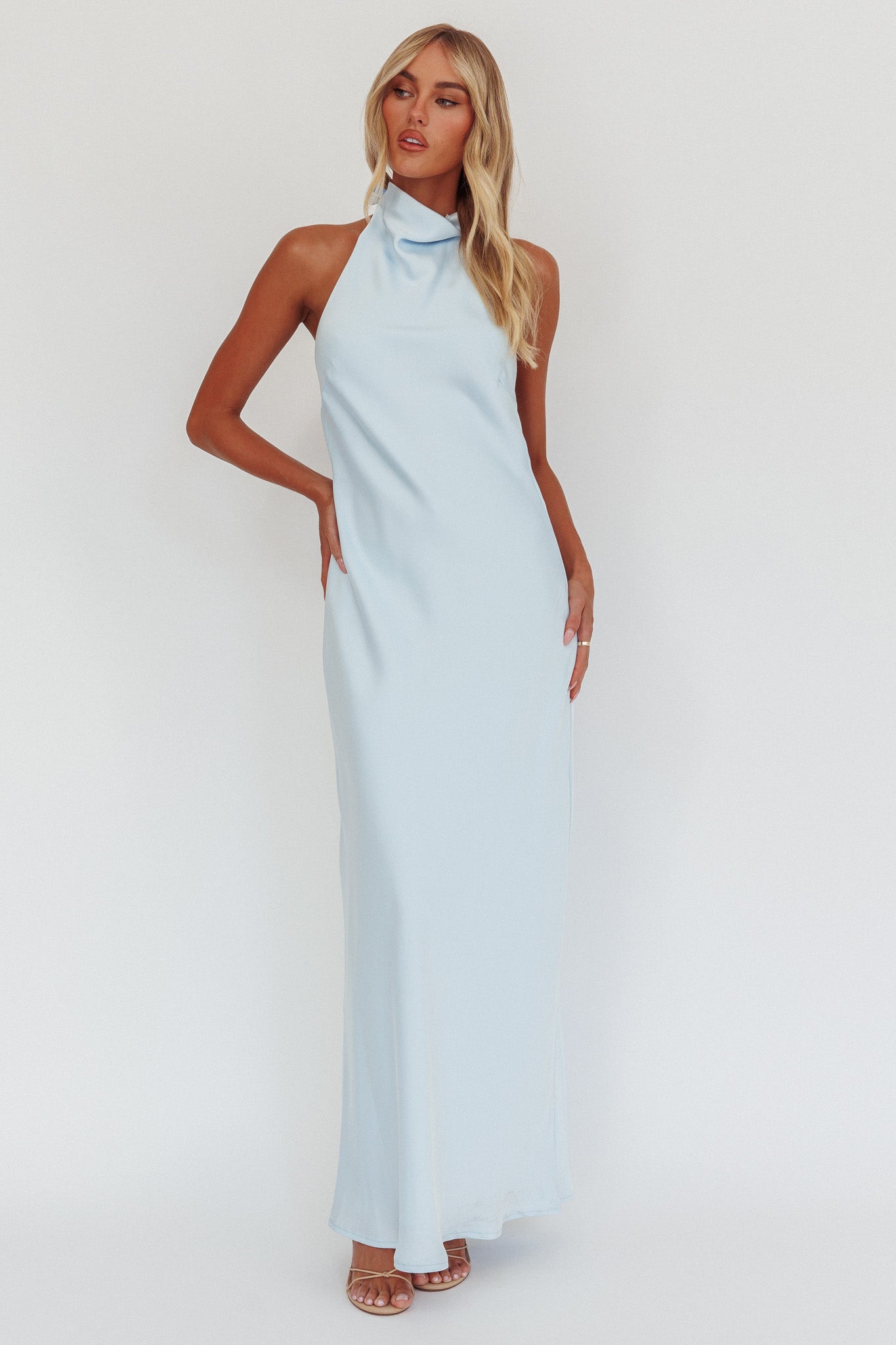 Sweetest Sundays Halterneck Open Back Dress Baby Blue-Maymioy